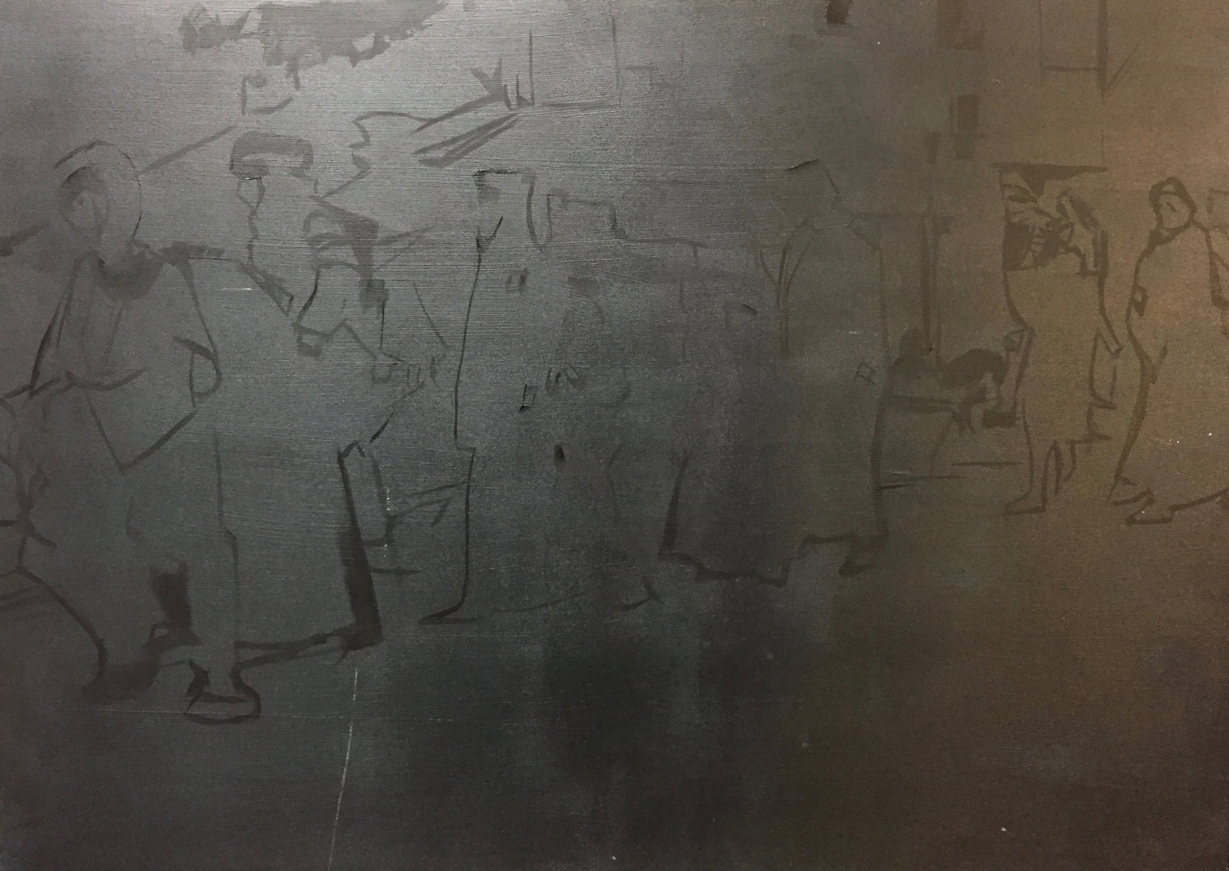 Step one of a new series based on images of people leaving Aleppo.Outline sketch on an A1 wooden panel.