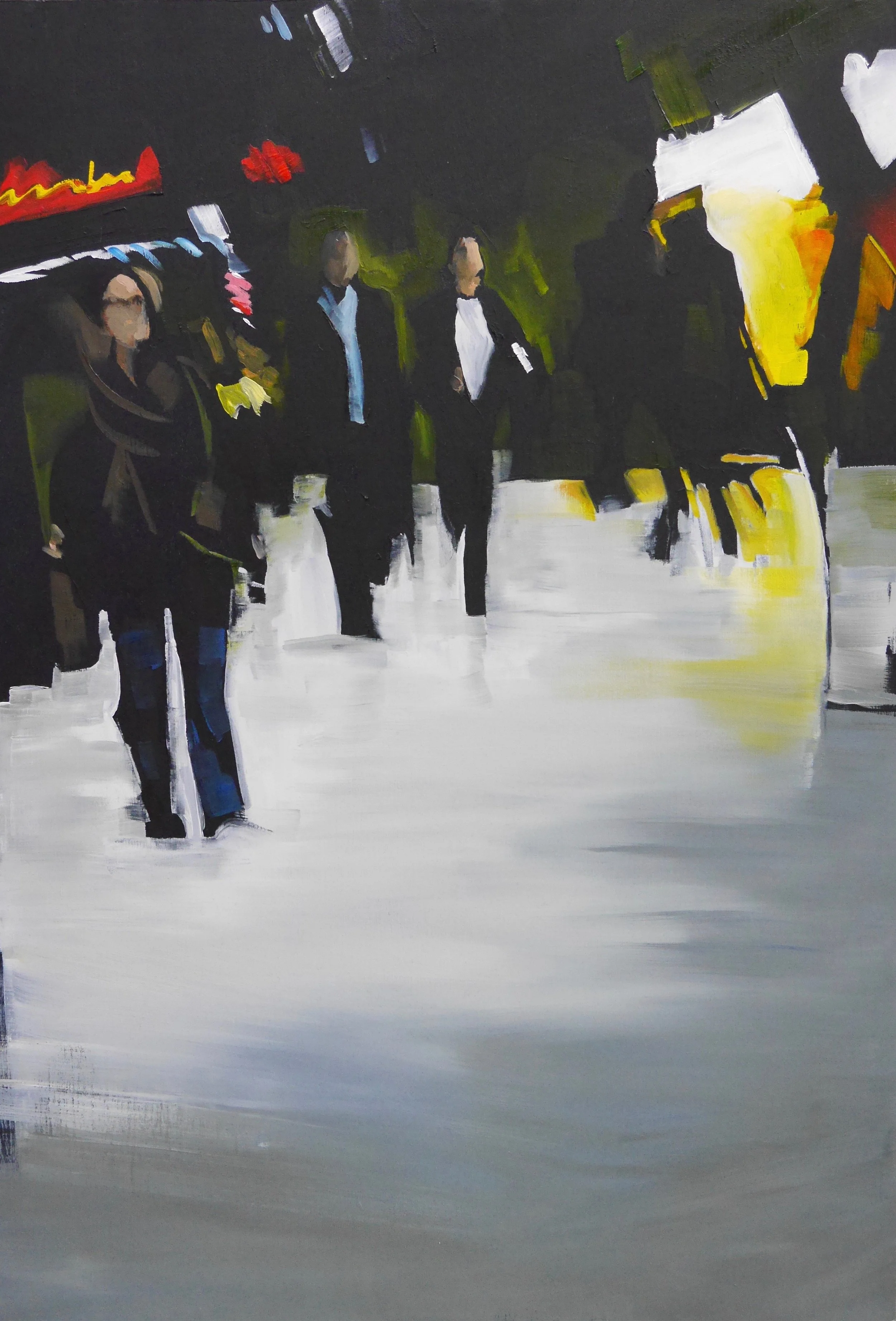 LATE AGAIN. OIL ON WOODEN PANEL FRAMED 67 X 49
