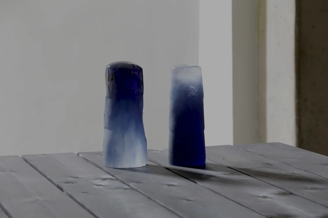 the rest (detail), 2016. Tempered steel, scorched larch, cast glass