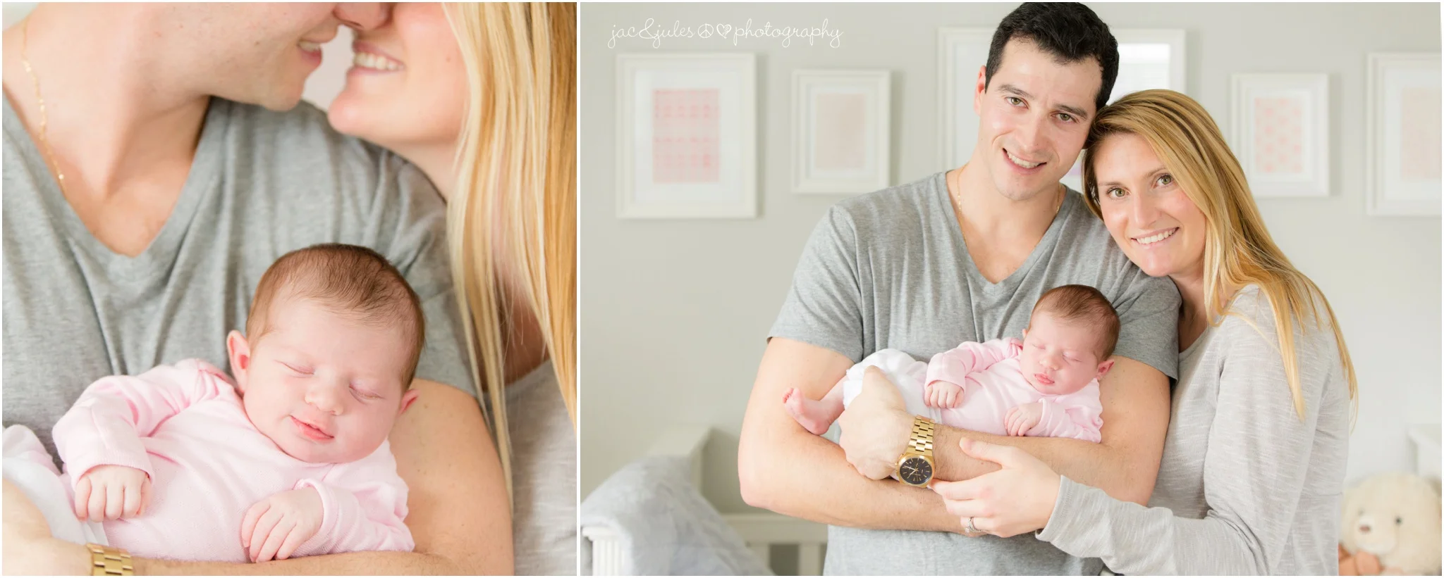 newborn baby girl smiling with parents