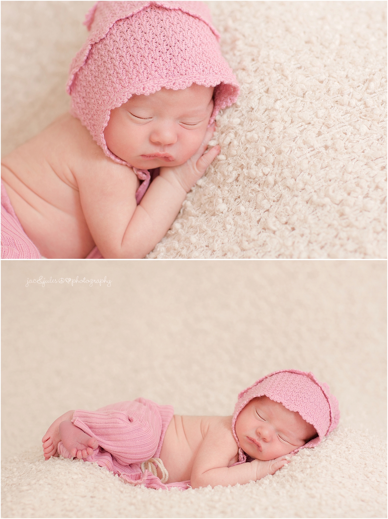 jacnjules photographs newborn baby girl in a bonnet in their home in nnj