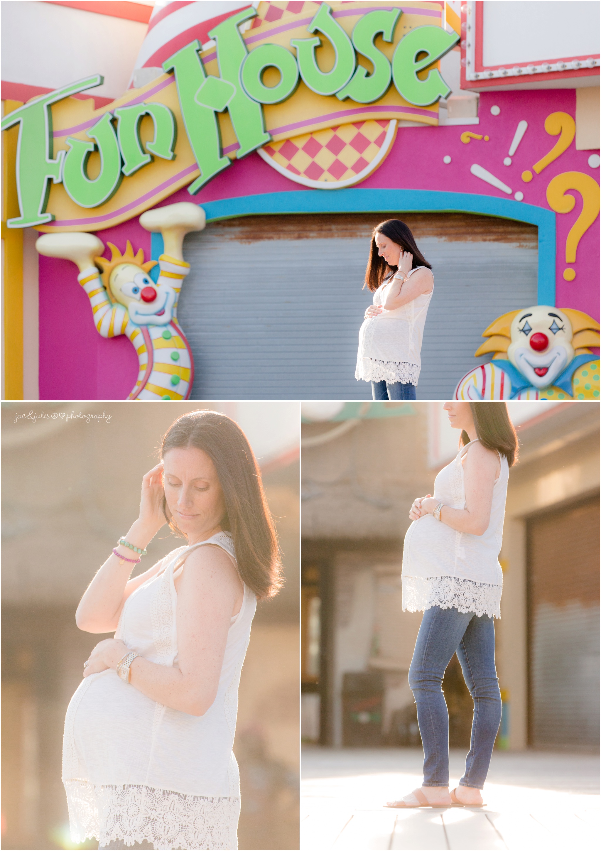 Pregnant Mom on point pleasant boardwalk. Fun house maternity