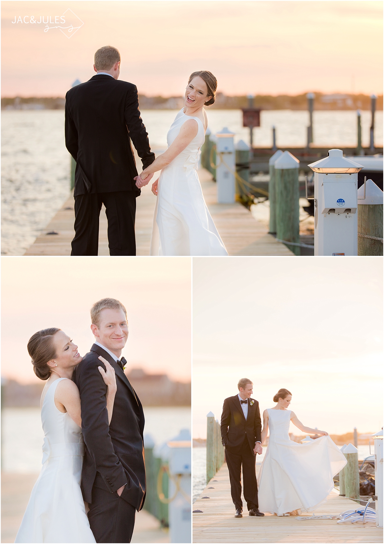 jacnjules photograph bride and groom at sunset at mantoloking yacht club in nj