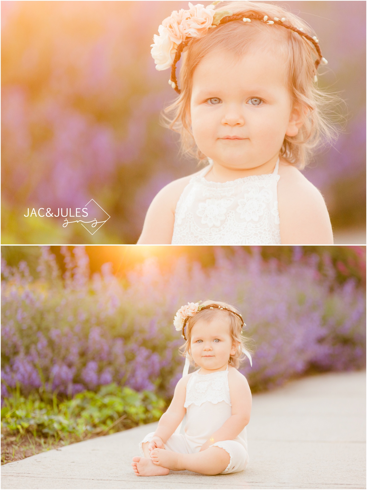 1st birthday girl in flower crown with purple flowers and pretty sun flare in Spring Lake