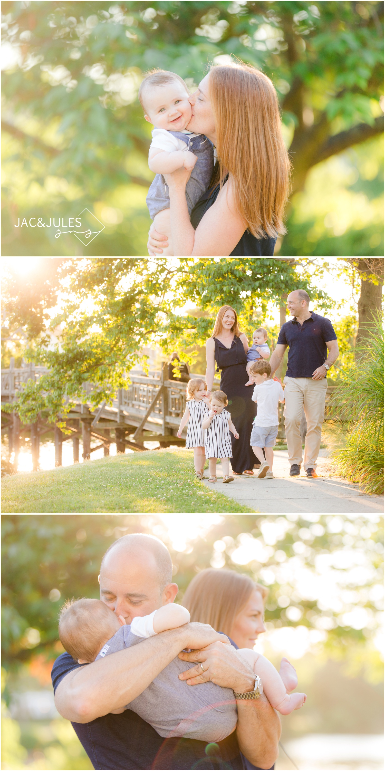mom and dad kissing baby, and family of 6 walking with bridge in the background at Divine Park in Spring Lake, NJ