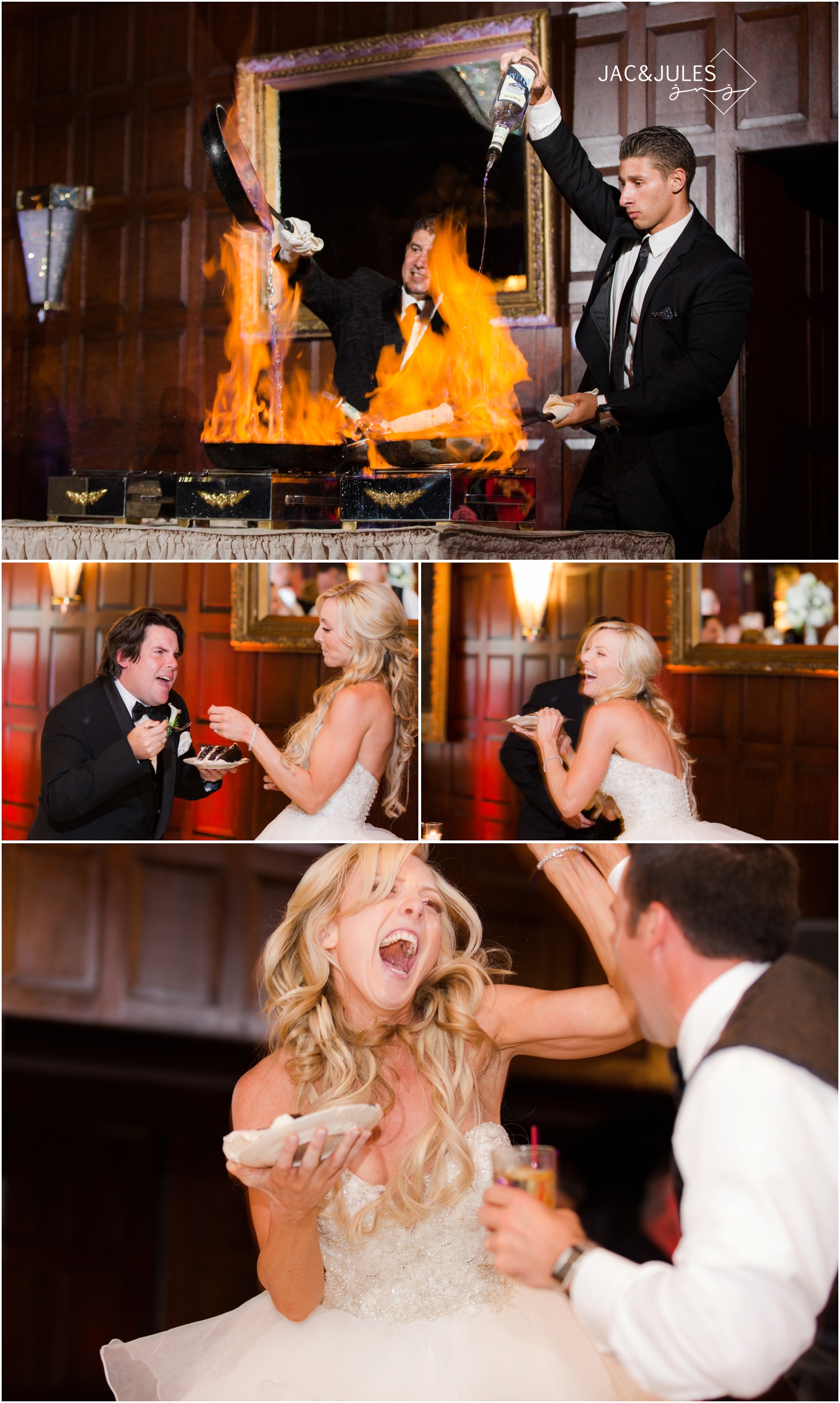 Crazy wedding cake cutting, and Flambe display at The Shadowbrook in Shrewsbury, NJ.