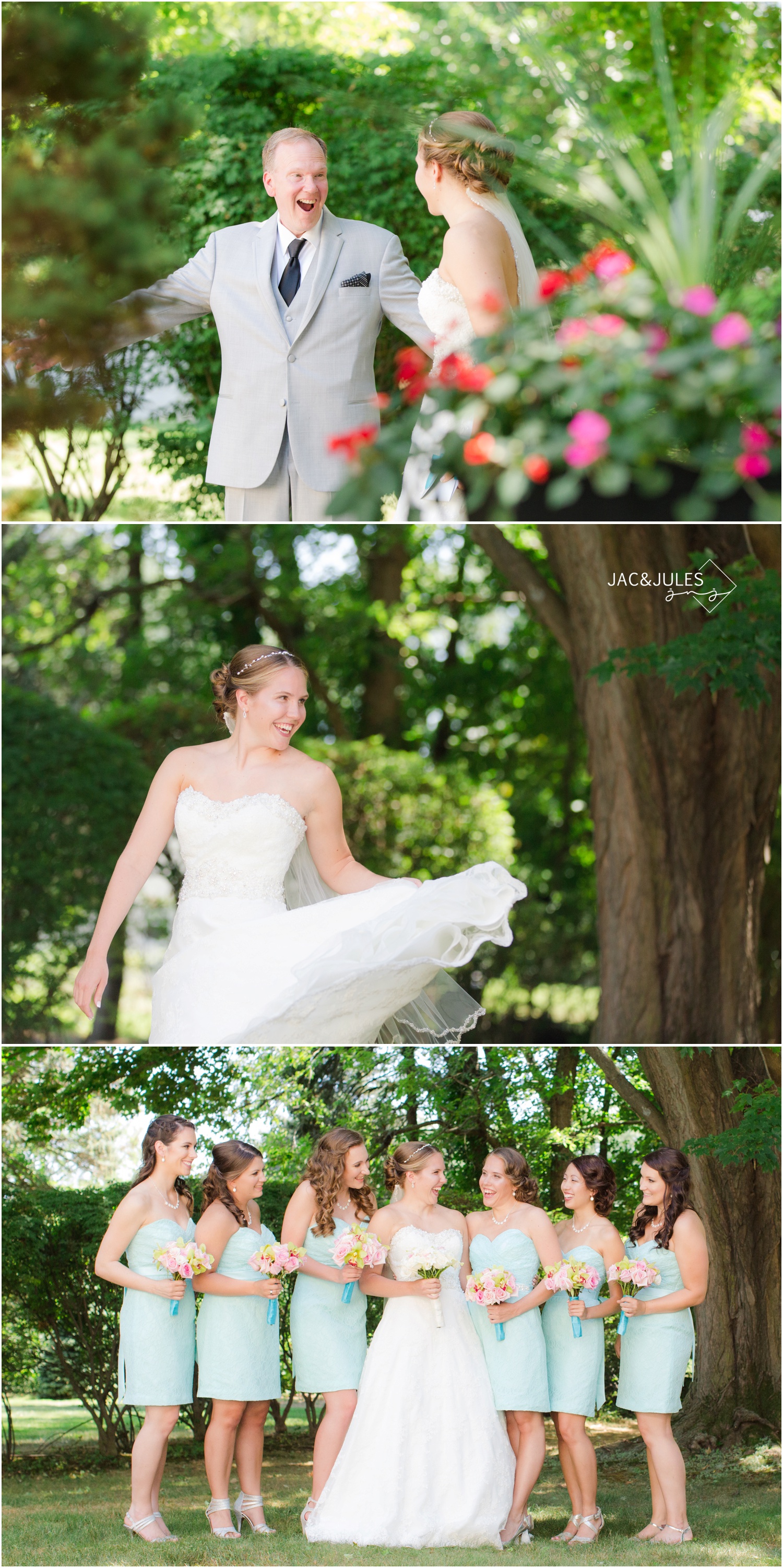 first look with dad, bridesmaids laughing.