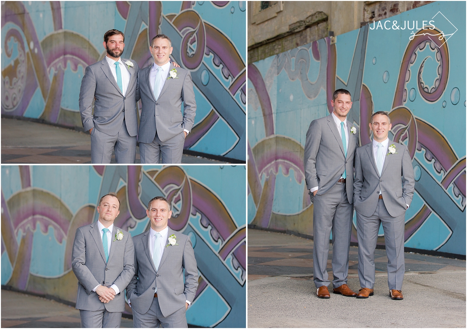 jacnjules photographs groomsmen in gray suits in Asbury Park, NJ