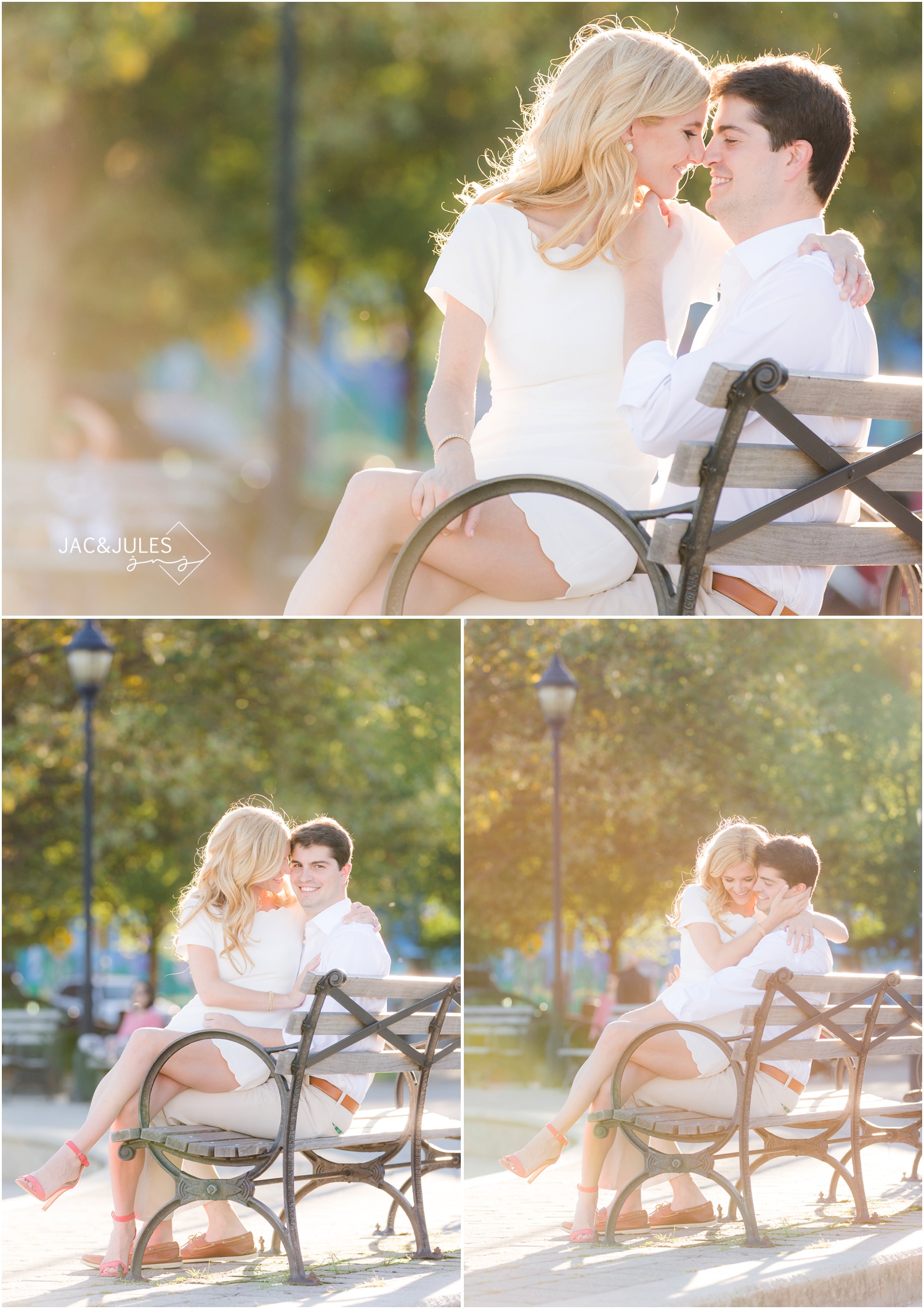 sunny engagement photos on a bench in hoboken, nj.
