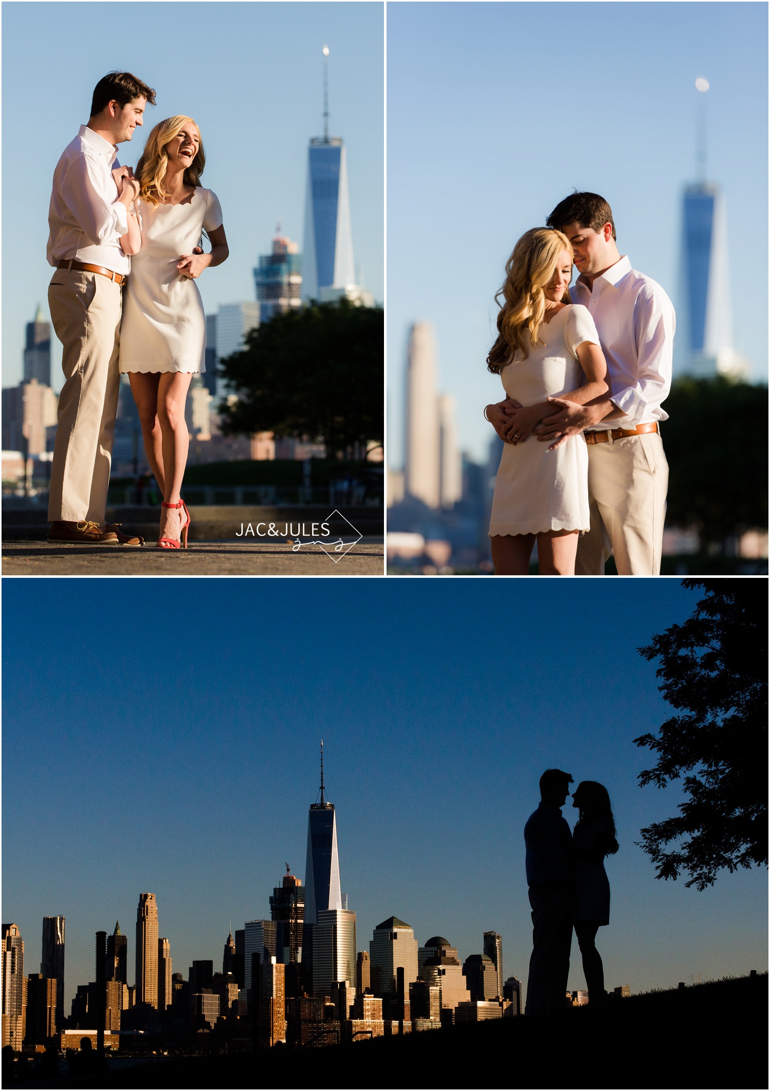 sunny engagement photos with New York city skyline in hoboken, nj.