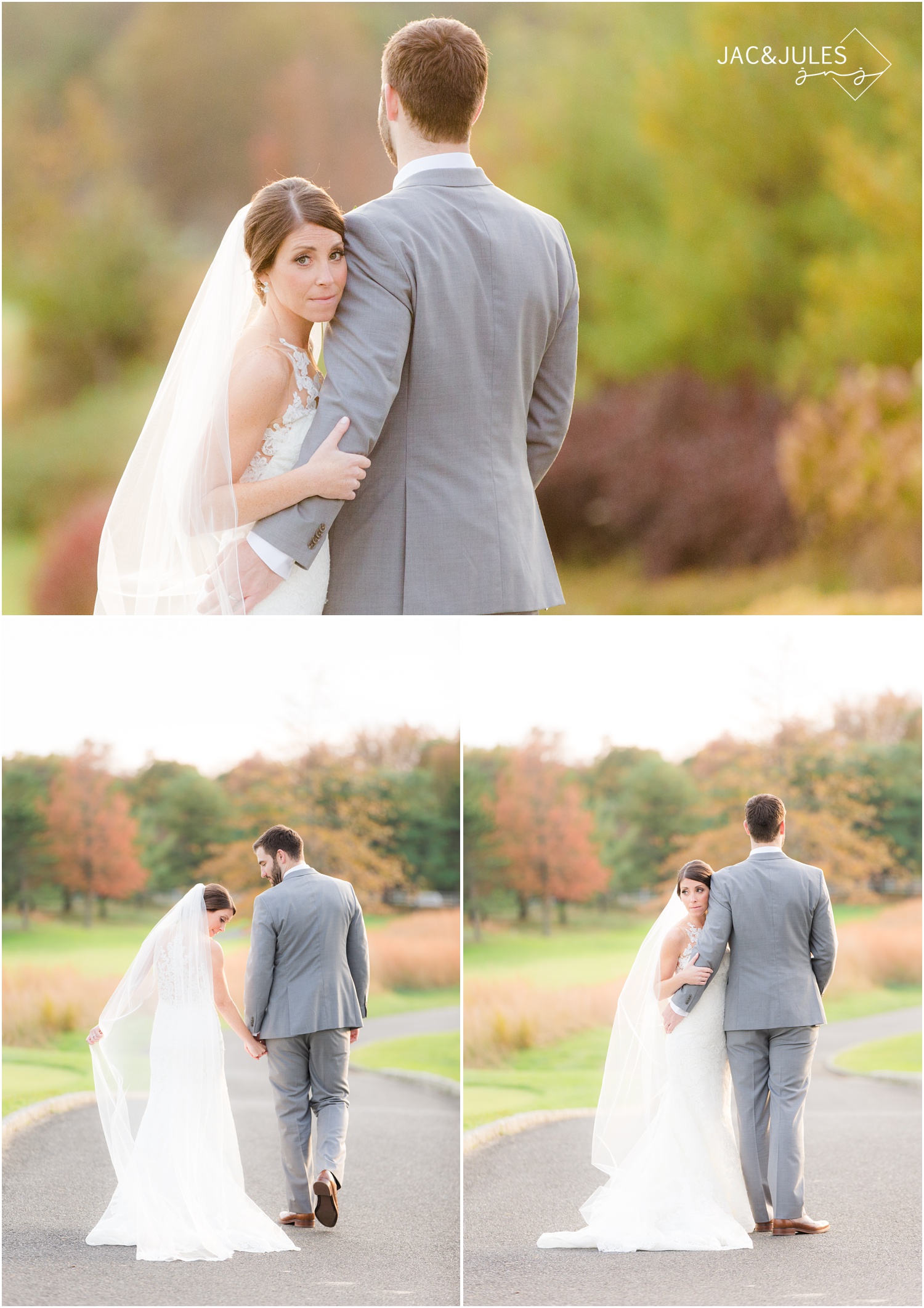 Bride and groom portraits in pretty fall colors at Eagle Oaks Golf and Country Club in Farmingdale, NJ.