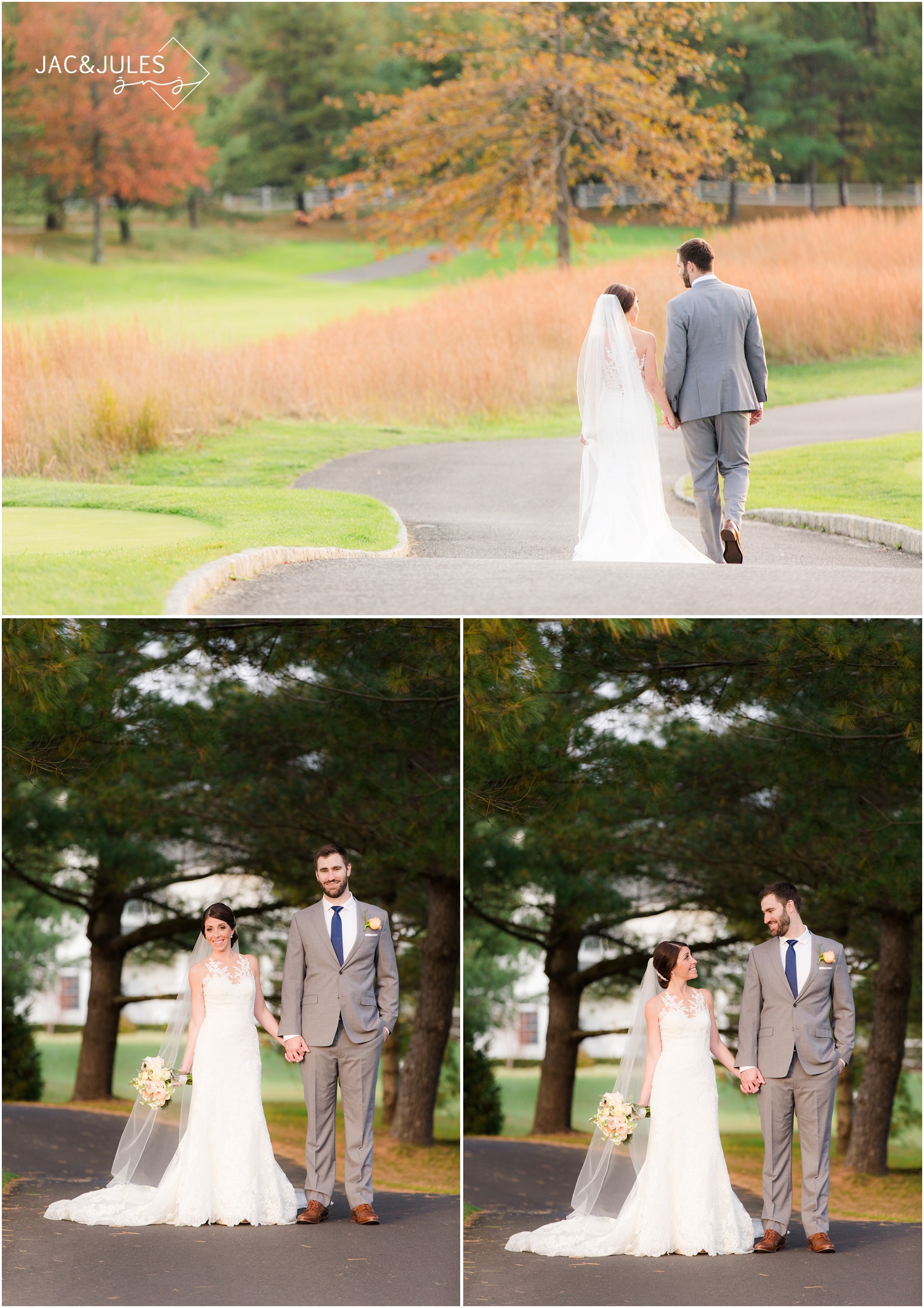 Bride and groom walking in path at Eagle Oaks Golf and Country Club in Farmingdale, NJ.