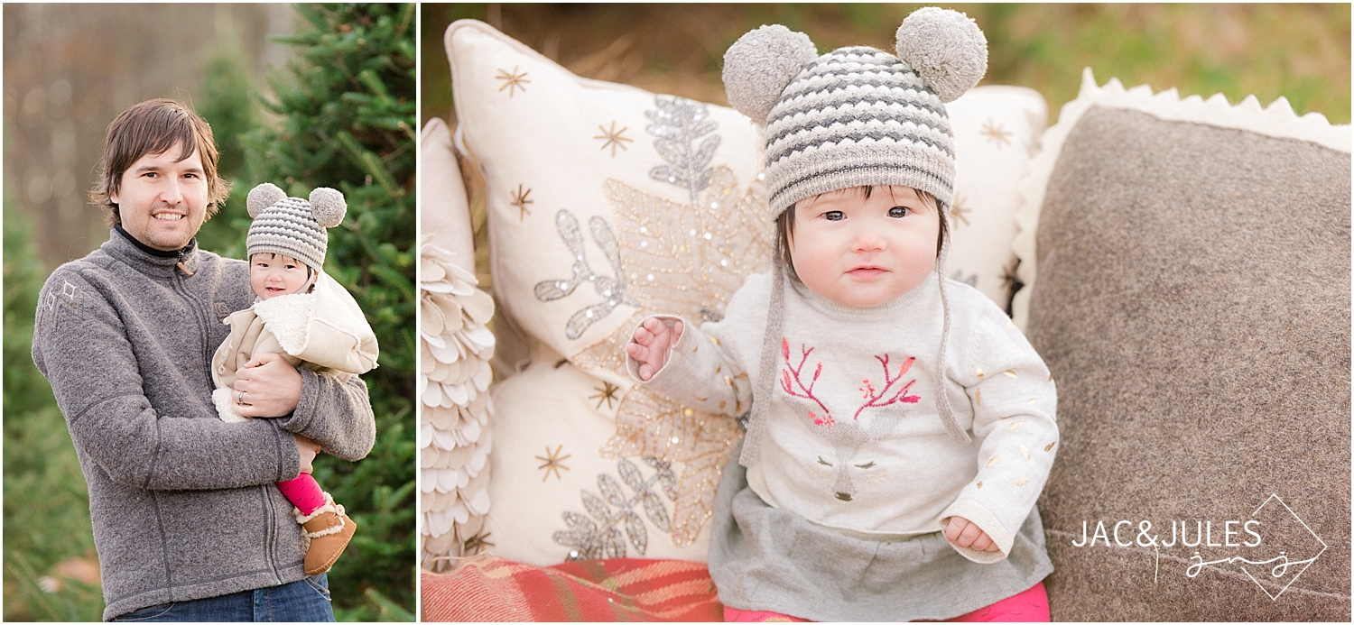 jacnjules photographs 6 month old girl for christmas at lone silo tree farm in NJ