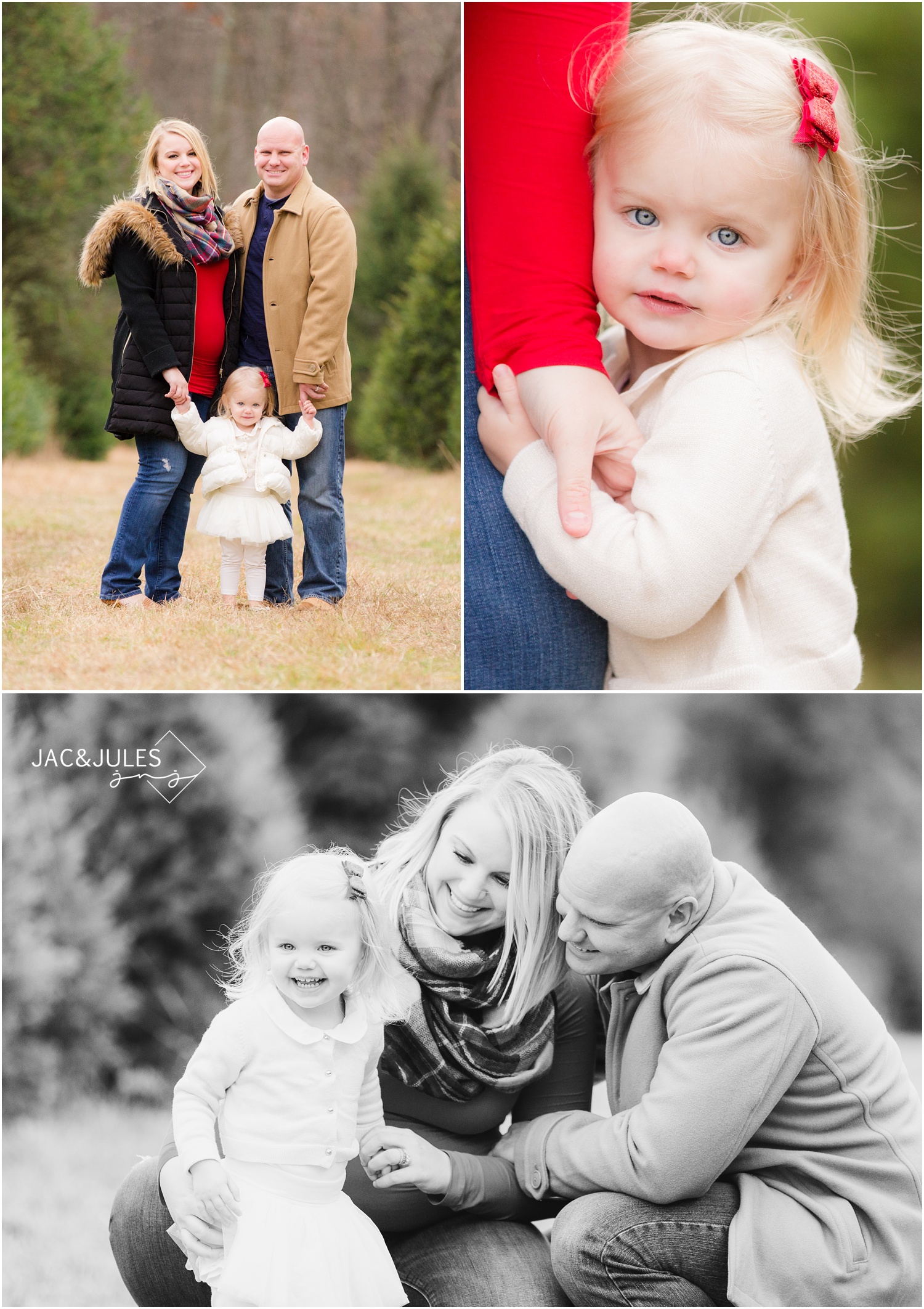 jacnjules photographs family for their christmas photos at Lone Silo Tree Farm in New Egypt NJ using natural light