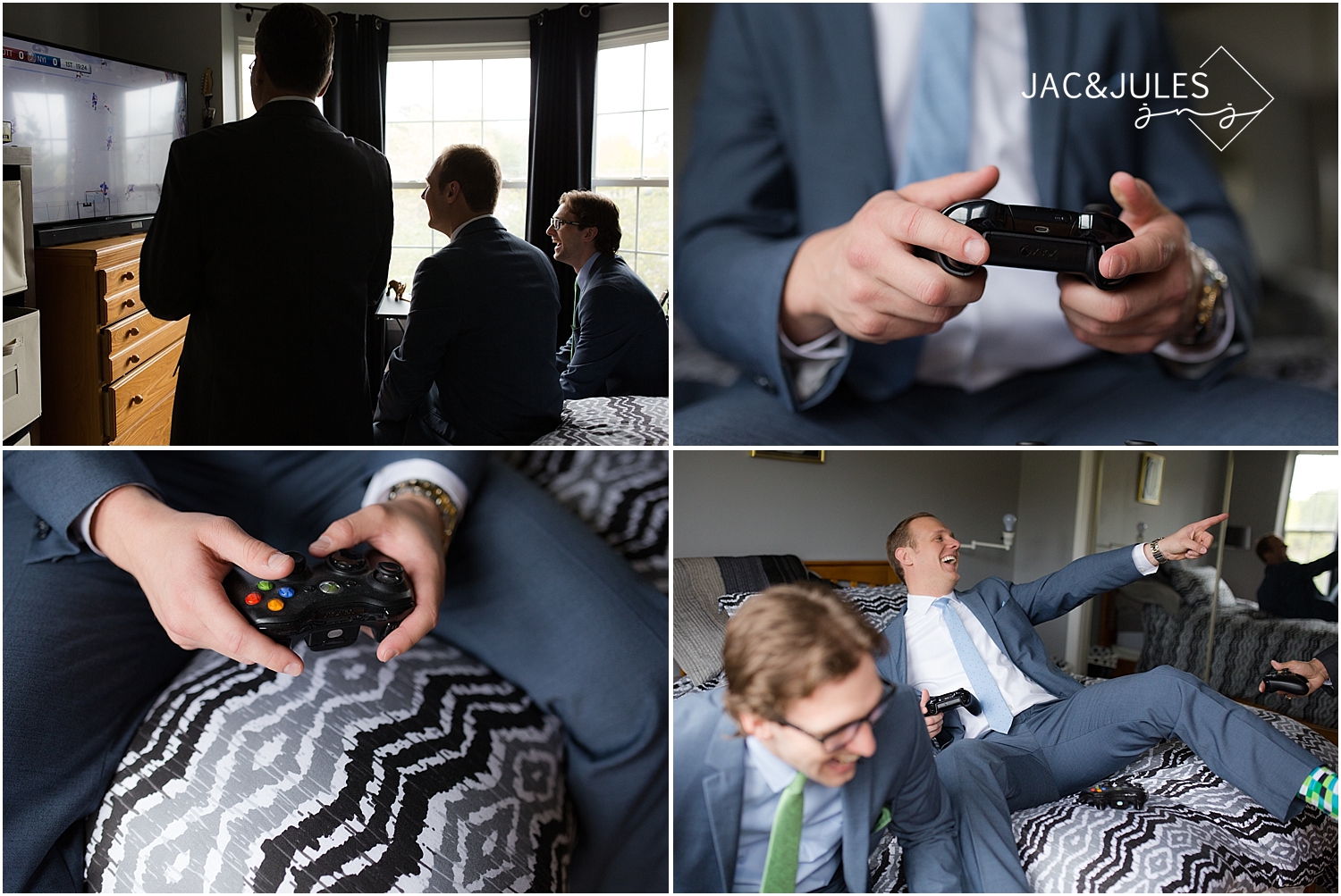 jacnjules photograph the groom playing xbox before heading to Allaire for the wedding ceremony