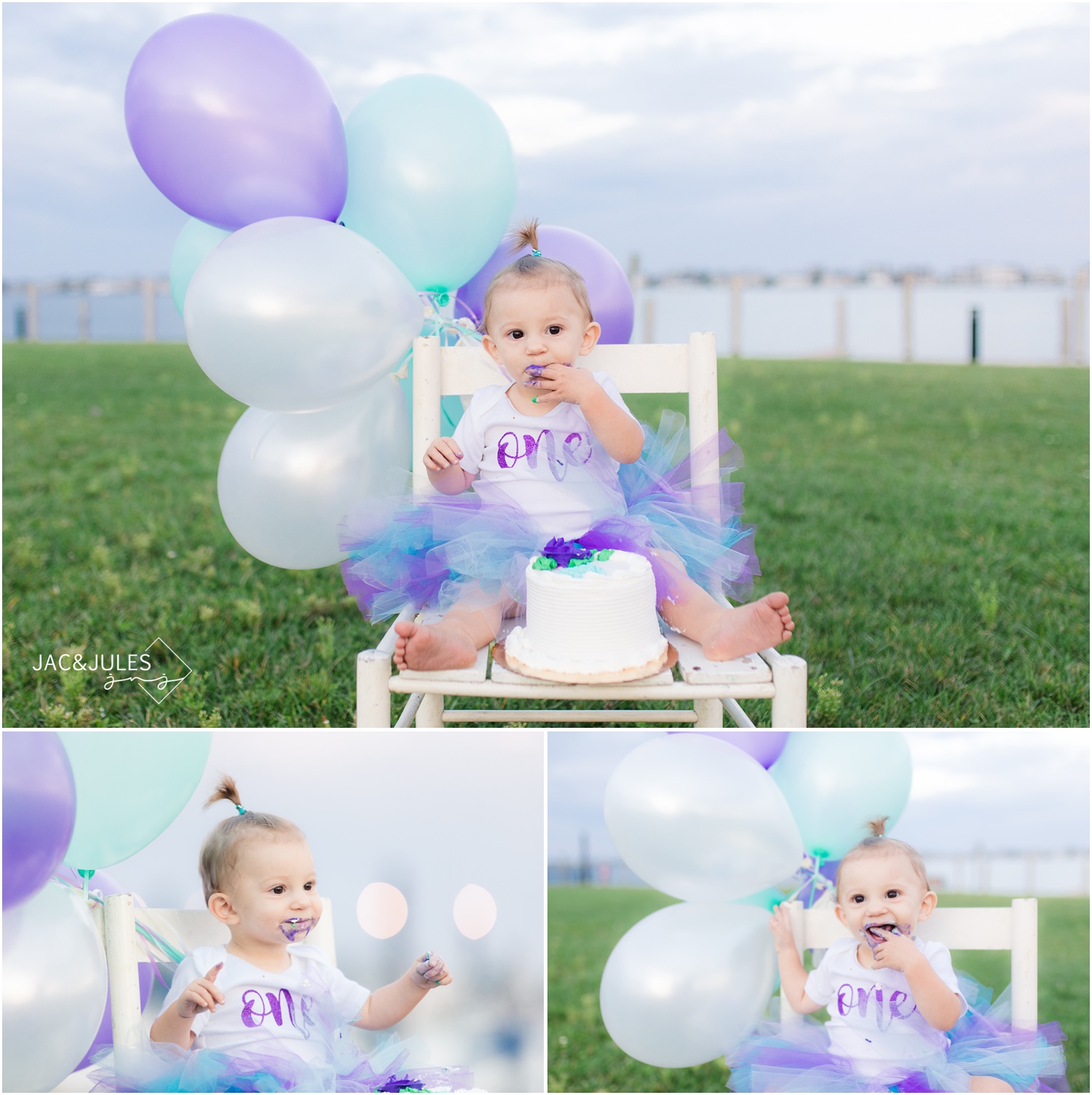 first birthday cake smash photos with balloons by the bay in Mantoloking, NJ.