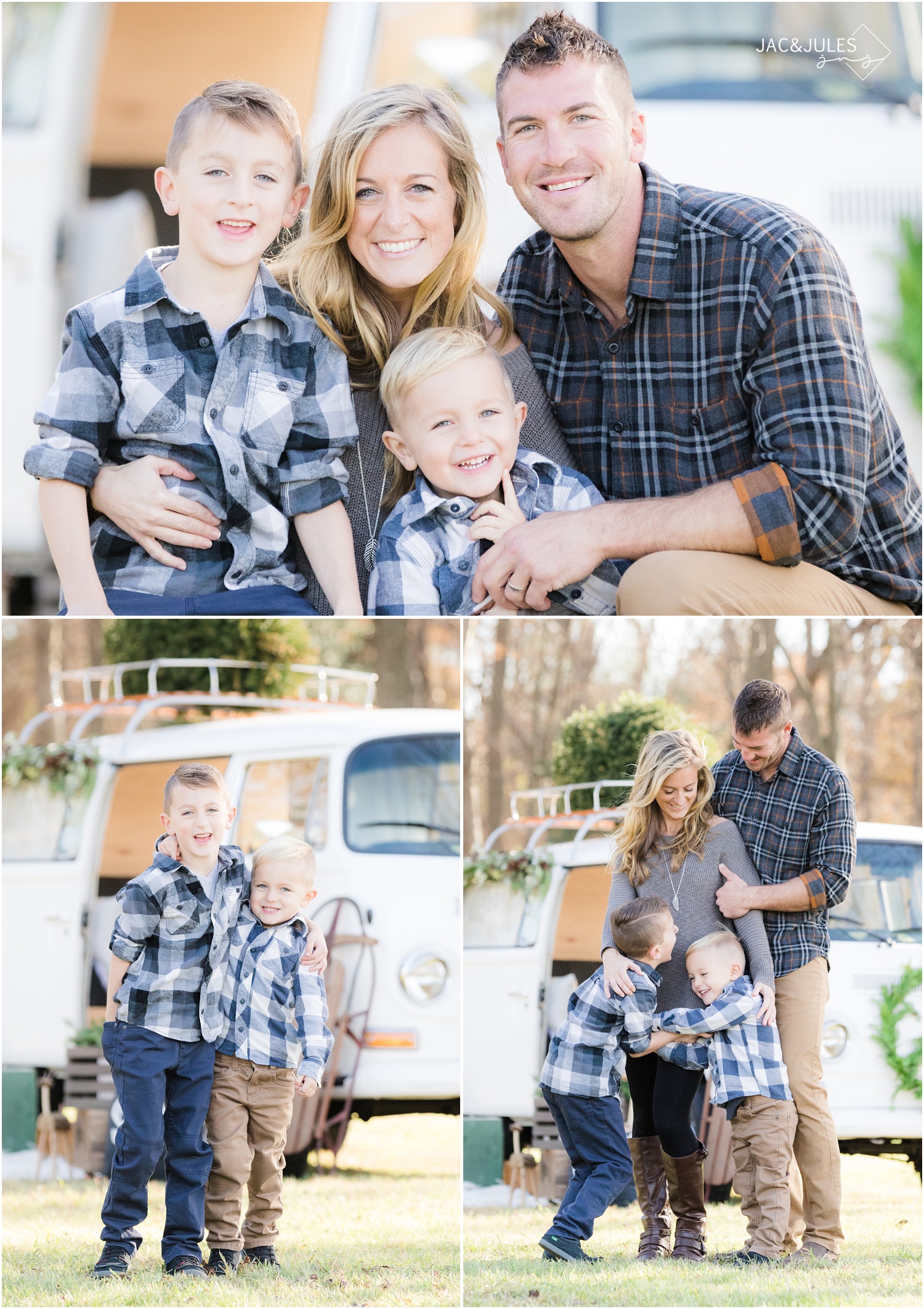 Fun family holiday photos with VW Booth Bus at Patterson Greenhouse Christmas tree farm in Freehold, NJ.