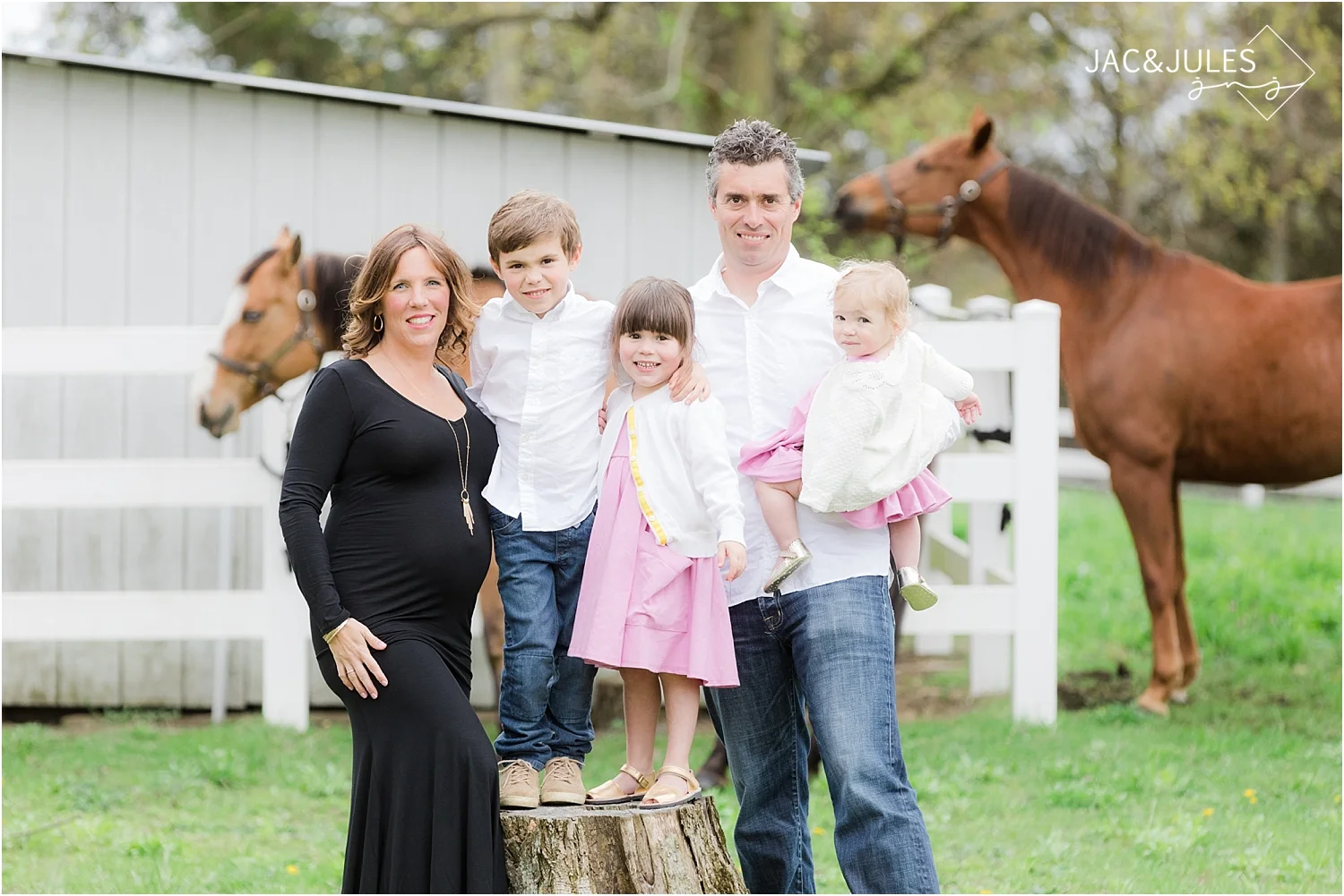 modern family photo in spring at farm in nj