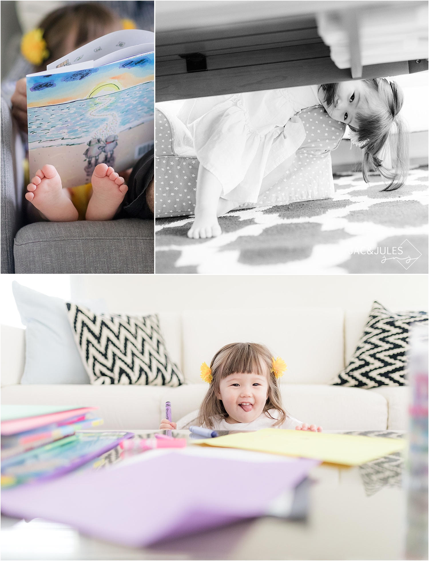 little girl coloring and playing at home