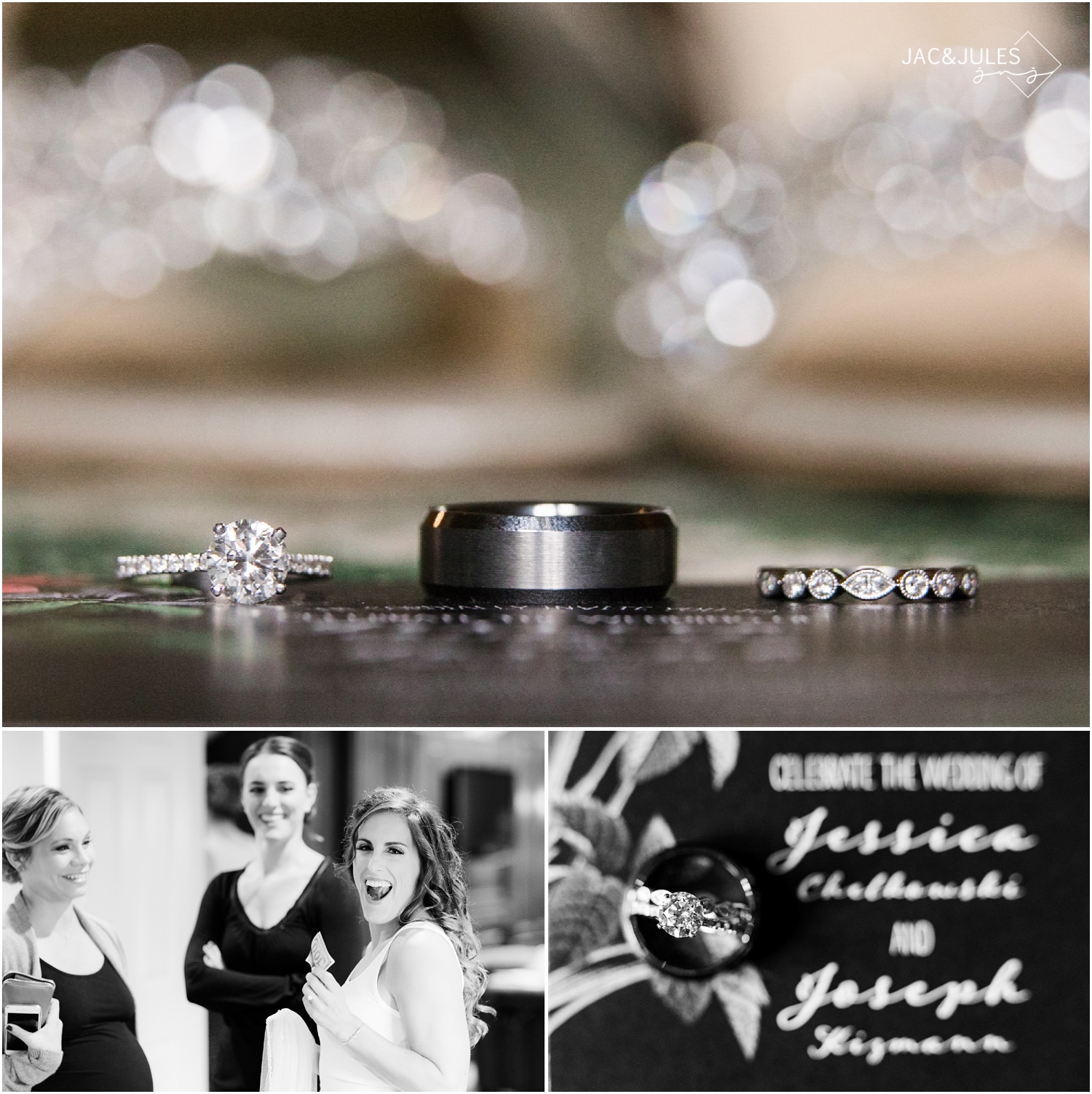 Photo of wedding rings and invitation at The Olde Mill Inn in Basking Ridge, NJ.