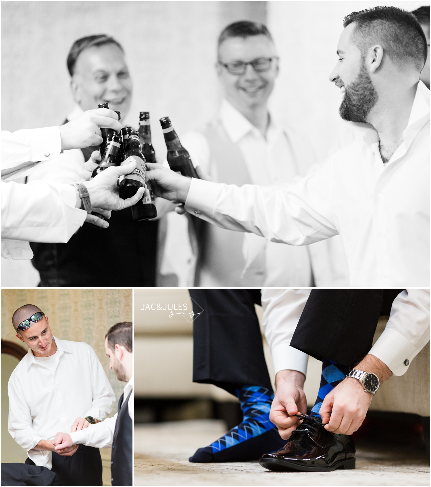 Groom cheers with dad at The Olde Mill Inn in Basking Ridge, NJ.