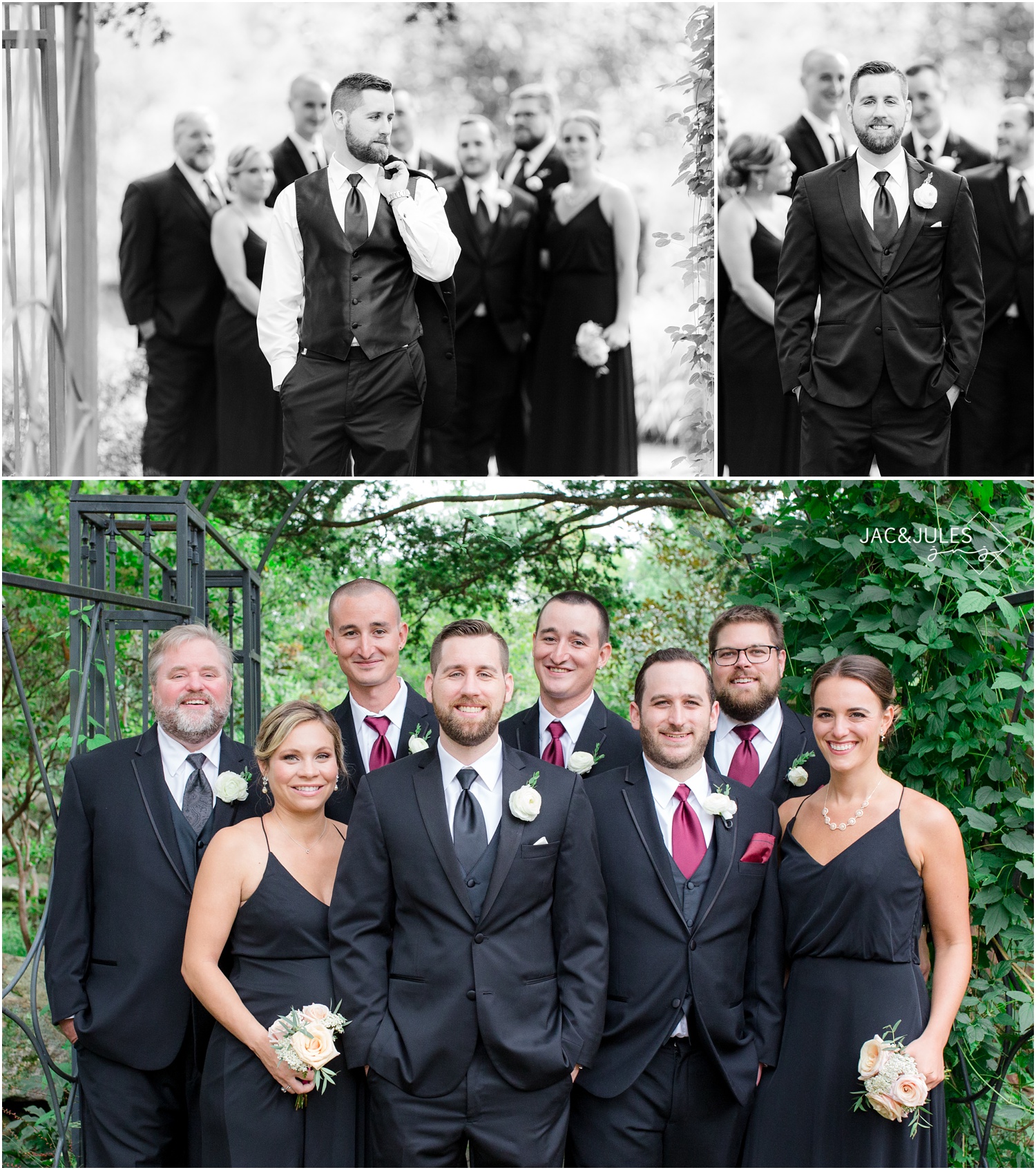 Photos of groomsmen and groomsladies at Cross Estate Gardens in Bernardsville, NJ.