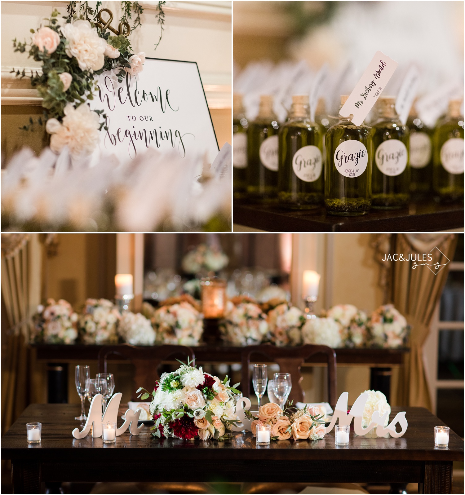 Wedding reception decorations at The Olde Mill Inn in Basking Ridge, NJ.