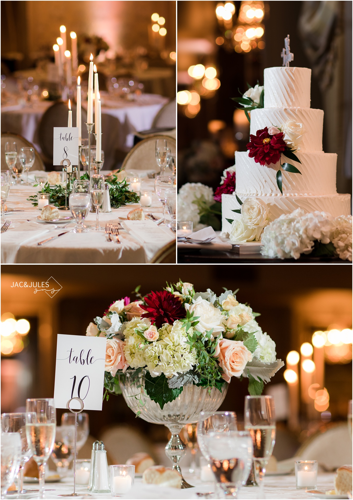 Wedding reception decorations at The Olde Mill Inn in Basking Ridge, NJ.