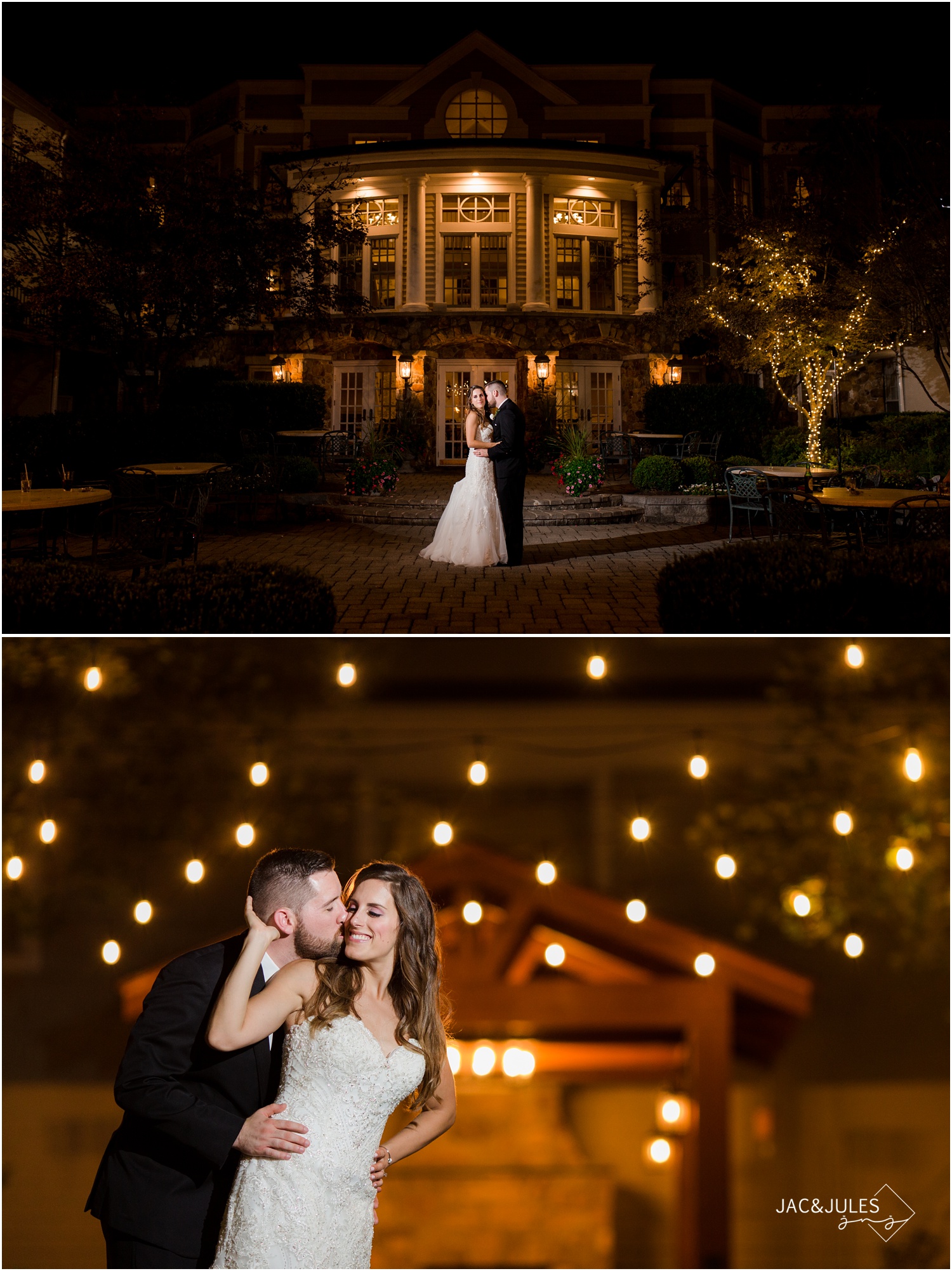 night time portraits of bride and groom during wedding reception at The olde mill inn in Basking Ridge, NJ.