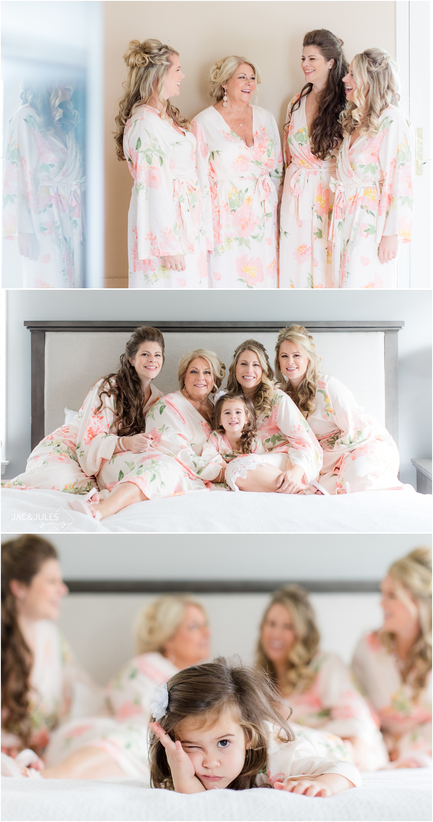 bride and her girls in matching robes at home in Spring Lake, NJ.