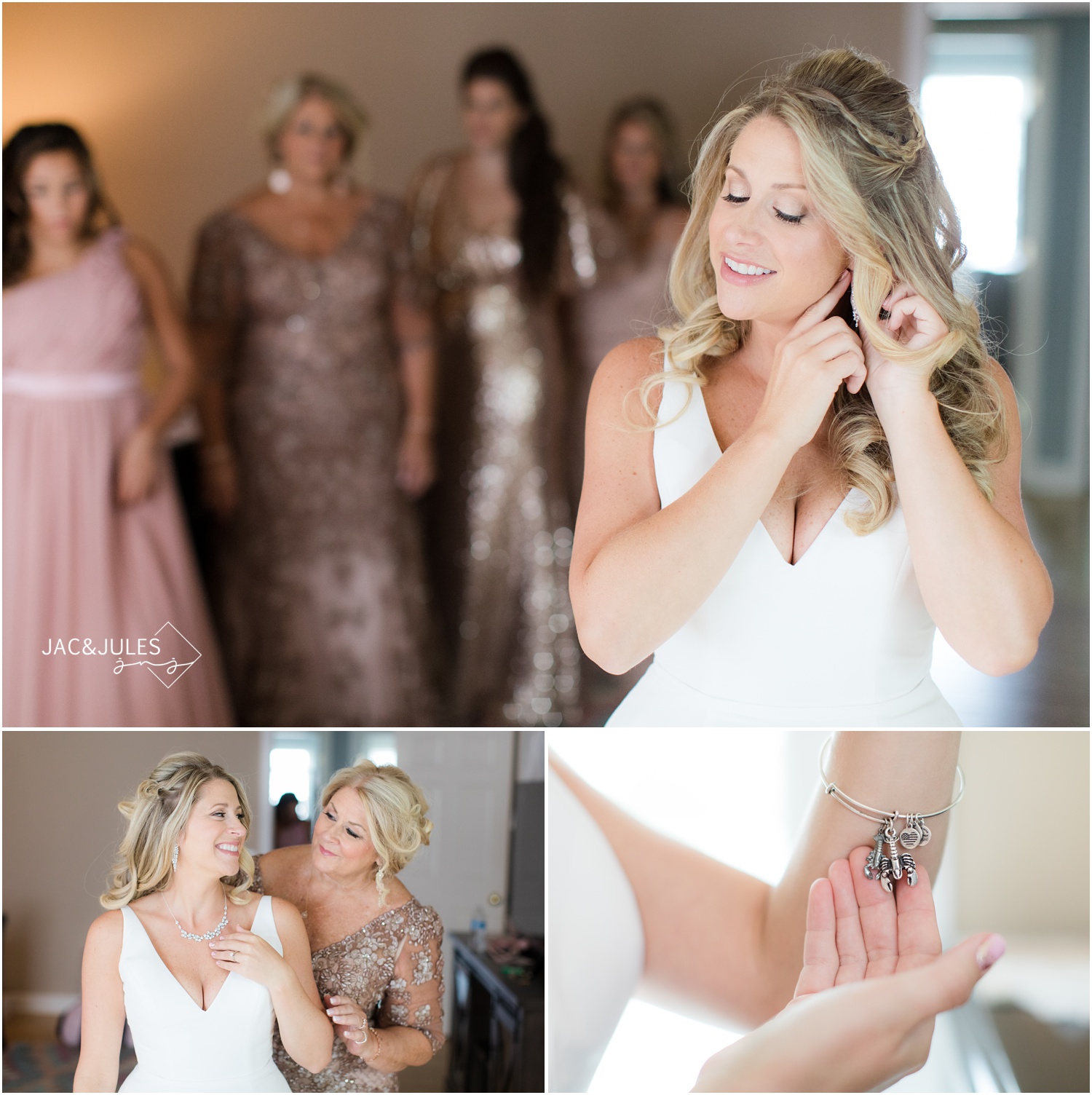 Bride putting on jewelry at home in Spring Lake, NJ.
