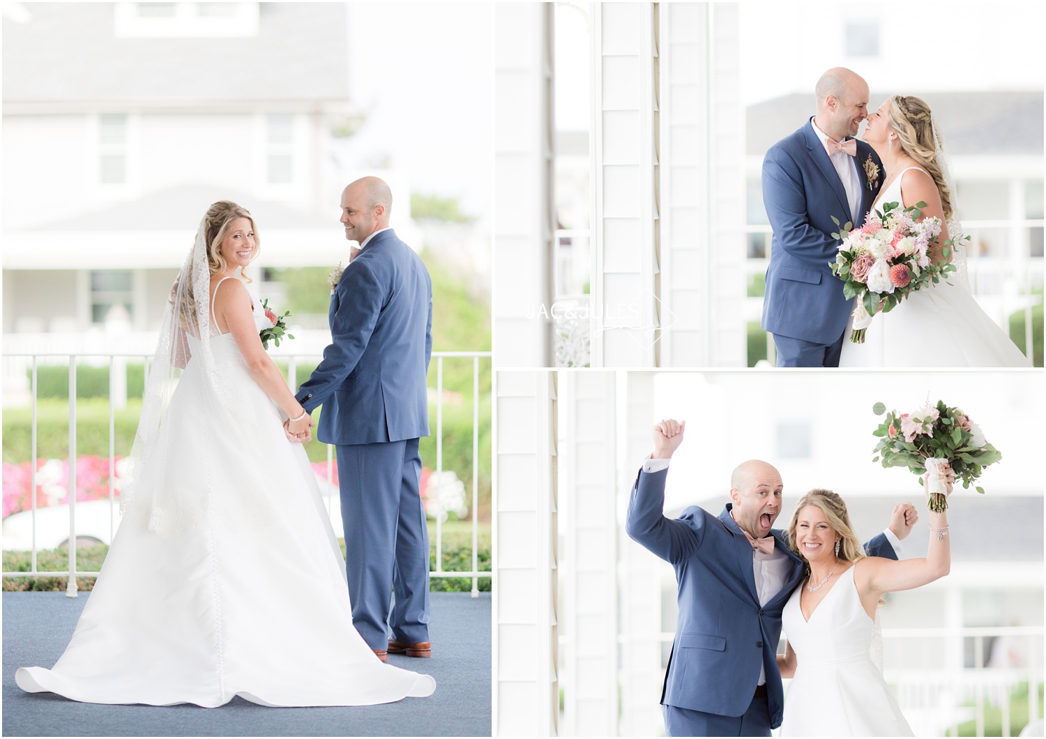First look between bride and groom on the porch at The Breakers in Spring Lake, NJ.