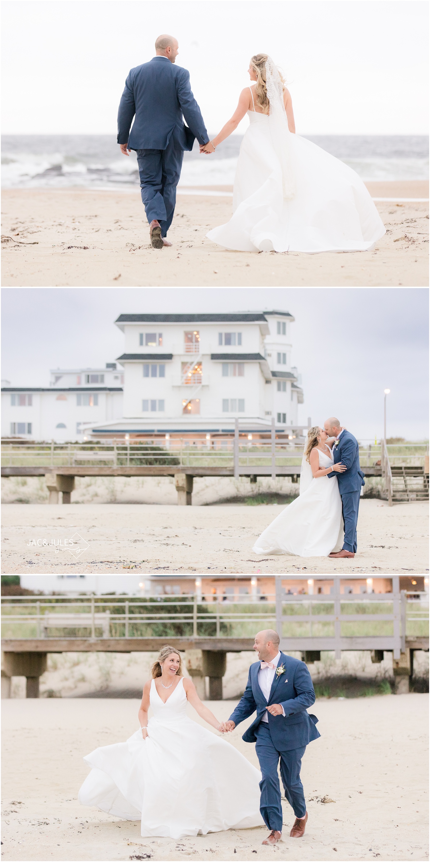 Newlywed photos of bride and groom on the beach in front of The Breakers in Spring Lake, NJ.