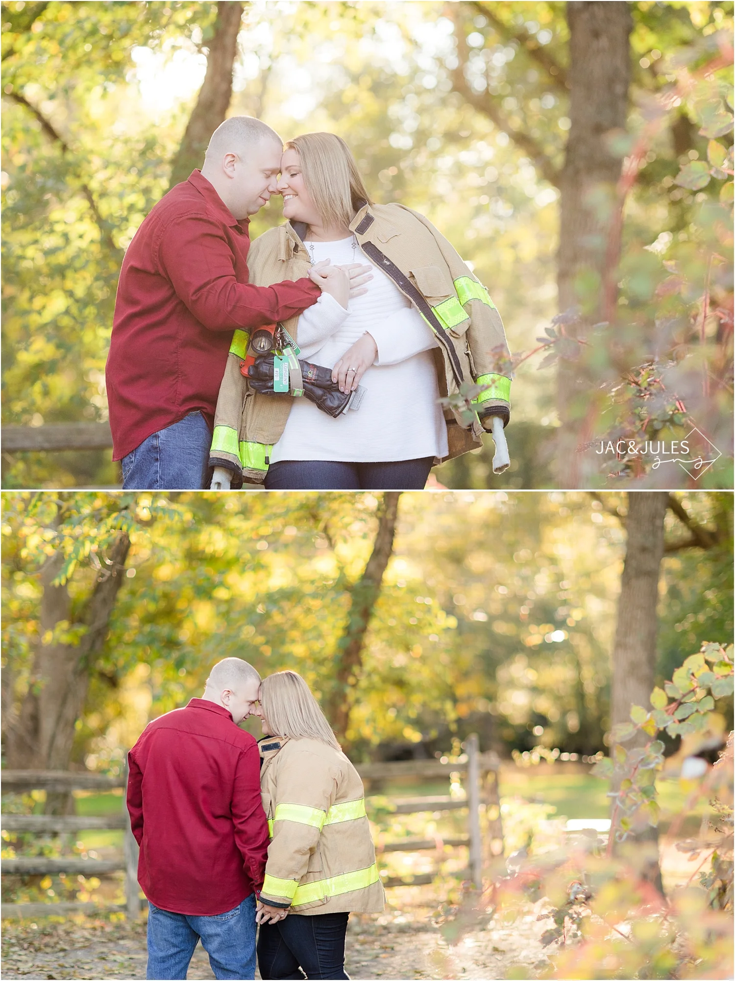 fall engagement photo at allaire using fireman gear