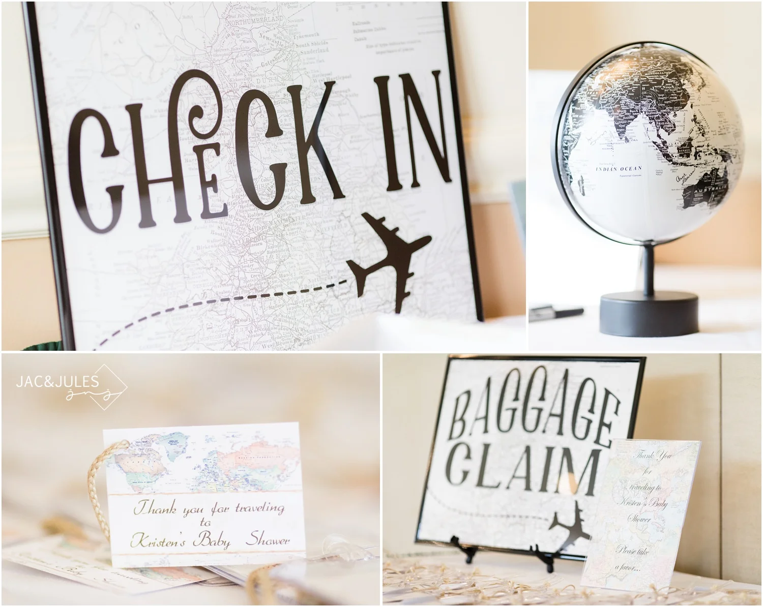 Check in table and baggage claim for travel theme baby shower at Forsgate Country Club.