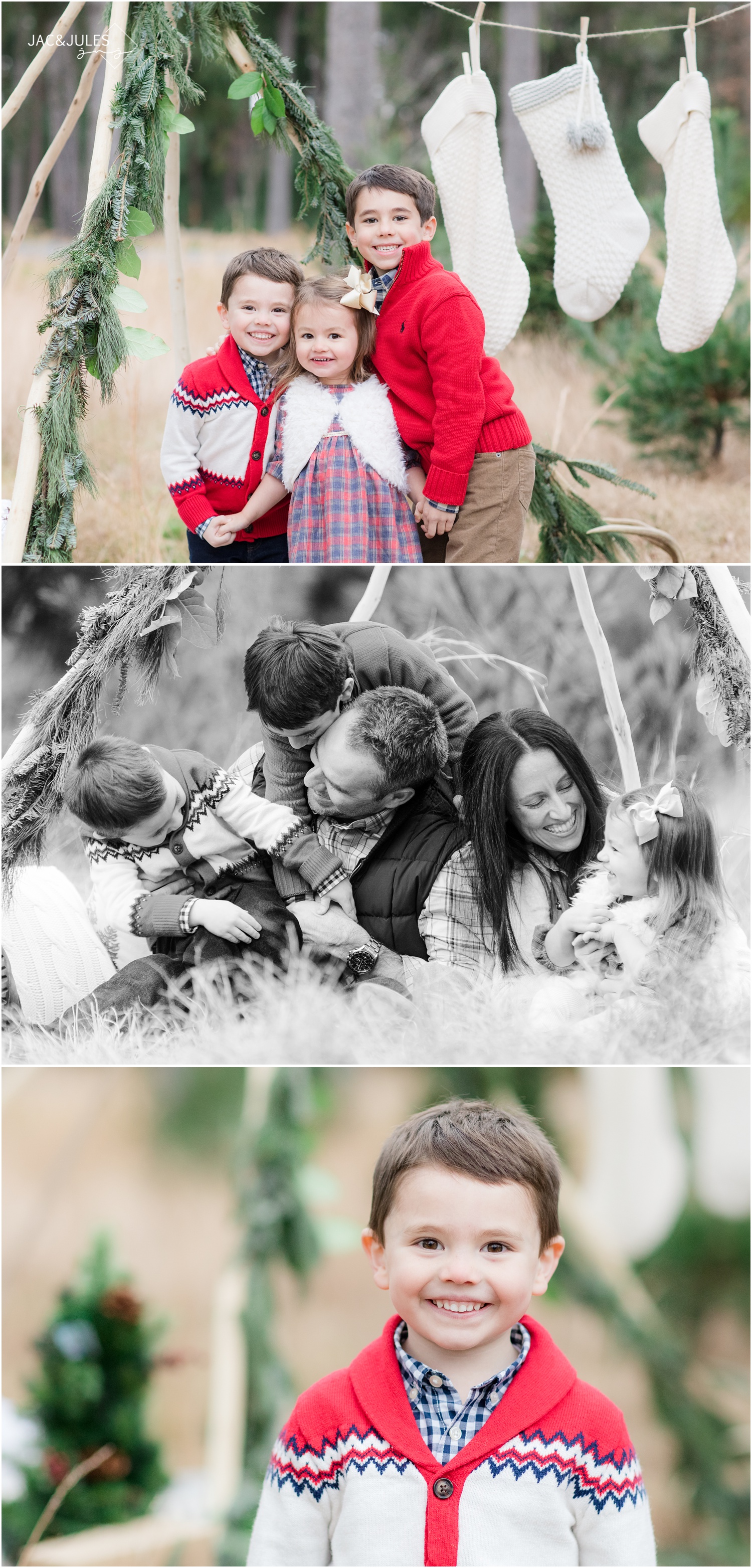 Fun family holiday photos using a teepee decorated for christmas in Ocean County Park in NJ.