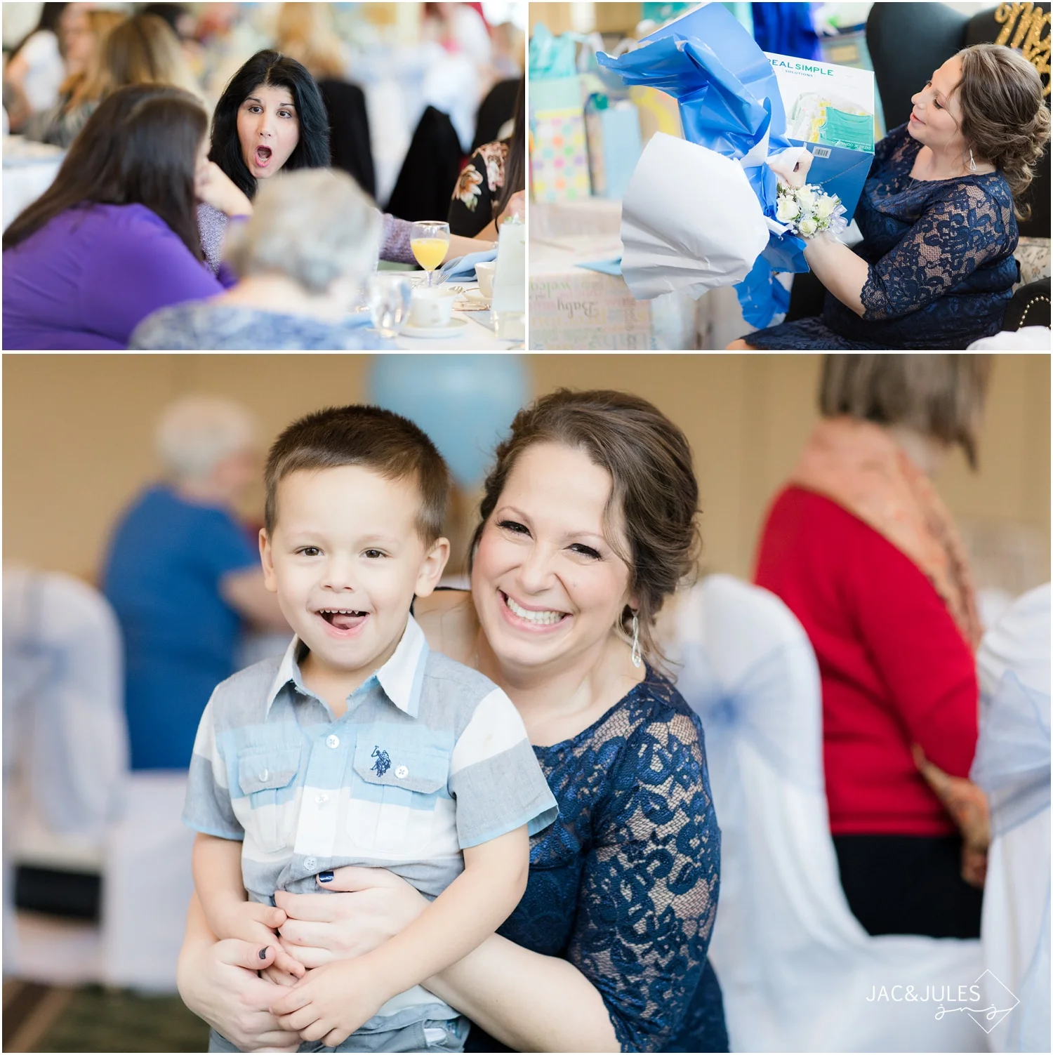 Candid photos at Forsgate Country Club travel themed baby shower.