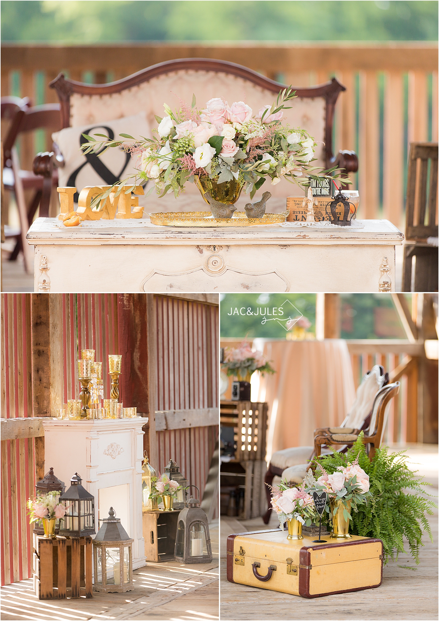 vintage chic wedding details and furniture rentals at farm at eagles ridge