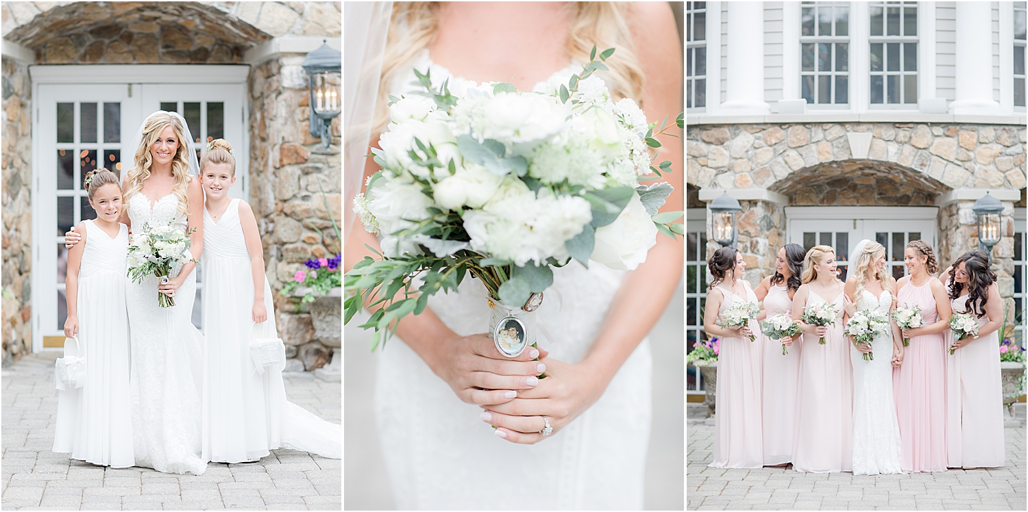 bride and bridesmaids photo with flower girls in the Olde Mill Inn courtyard