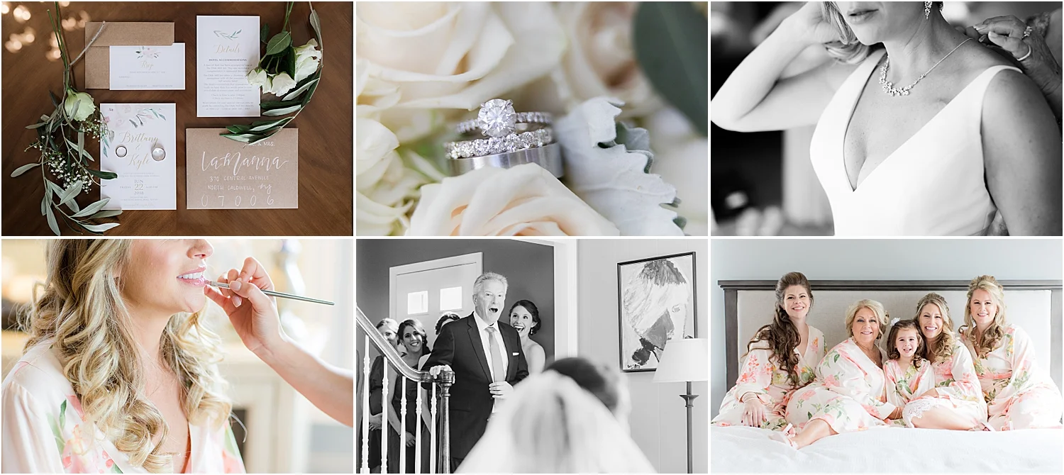 photo collage of bride getting ready for wedding day in New Jersey in natural light including first look with dad, robe photo with bridesmaids and details