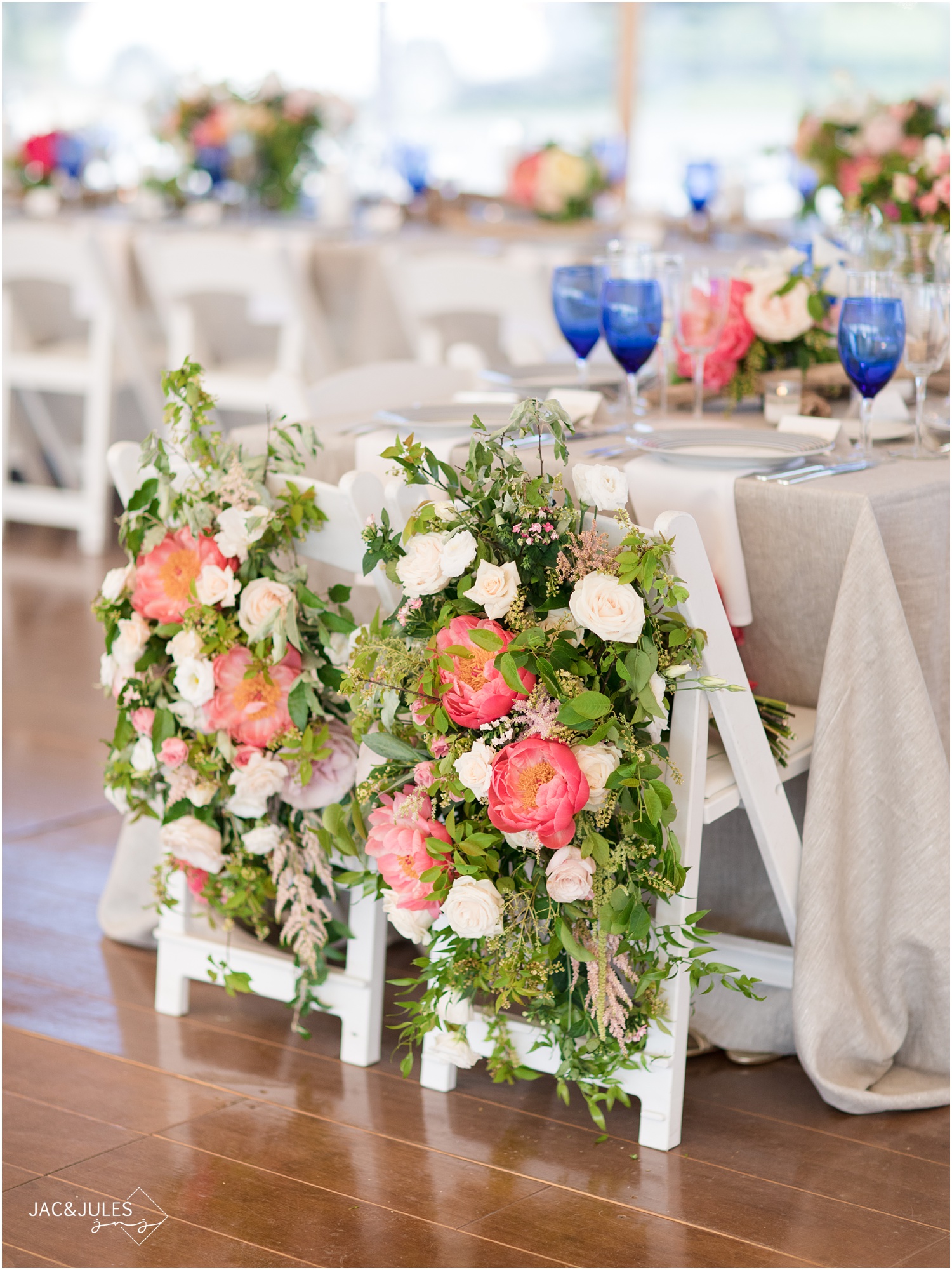 floral chair back decor by Faye and Renee in Mantoloking, NJ wedding.