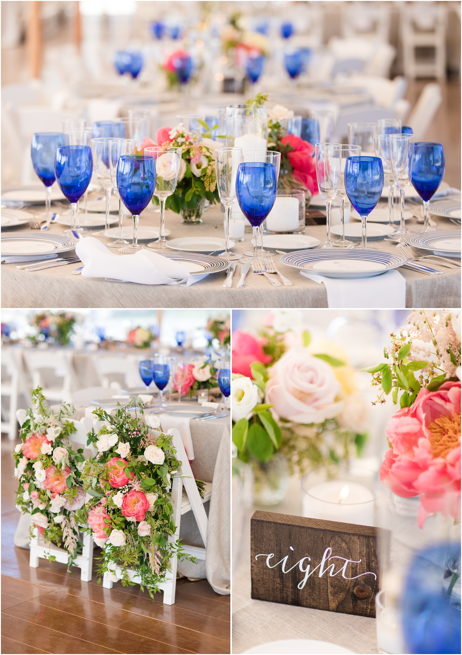 Photos of tented reception decor with blue glassware by Faye and Renee at Mantoloking Yacht Club.