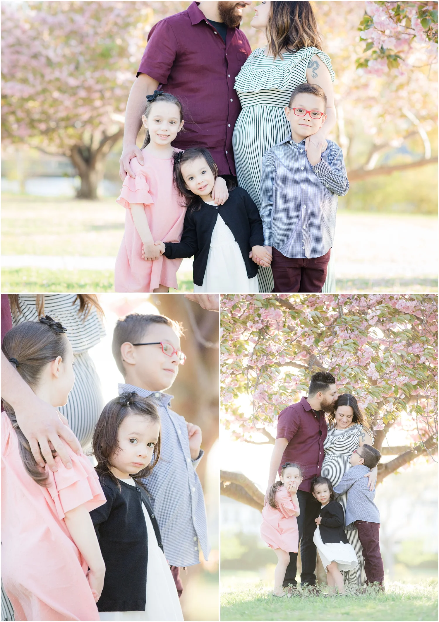 3 kids posing with pregnant mom with cherry blossoms at Divine Park in Spring Lake.