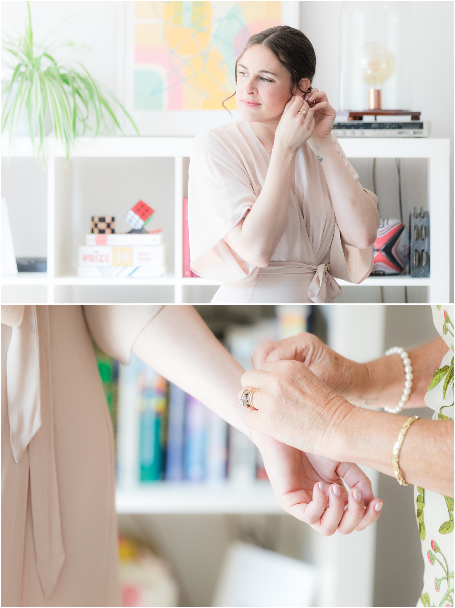 Bride putting on jewelry and groom adjusting his floral tie.
