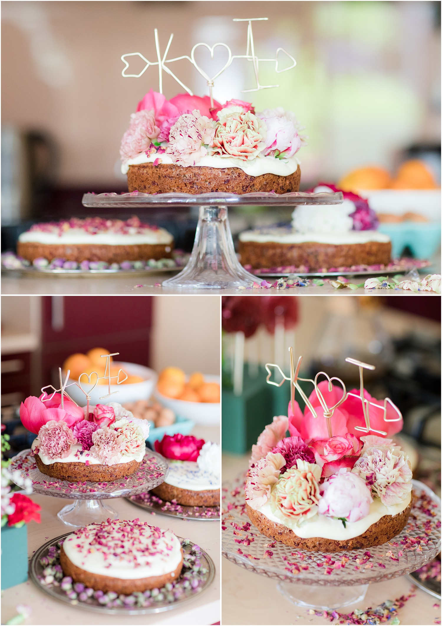 Gorgeous home made day cakes decorated with fresh flowers for a wedding.