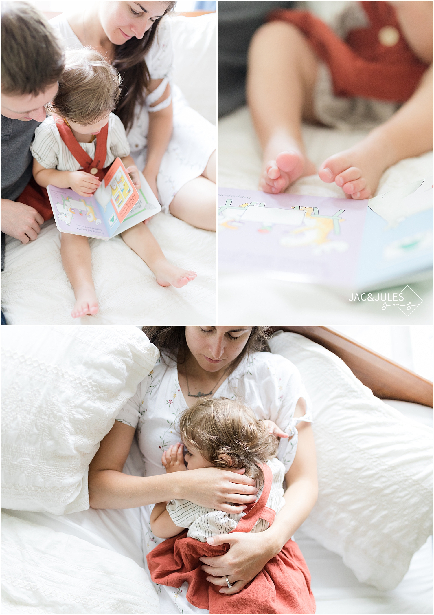 parents reading a book to daughter before nap time.