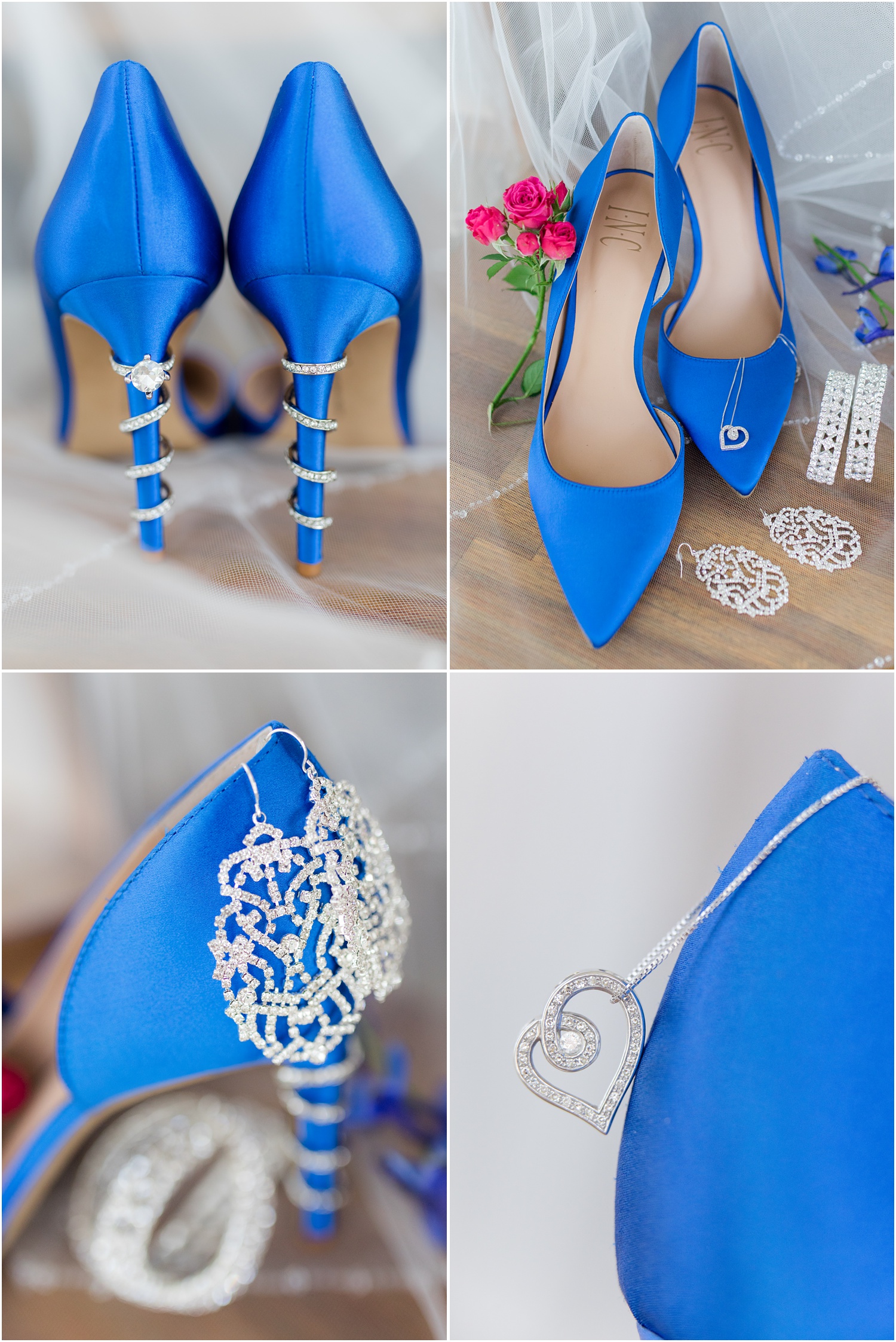 blue wedding shoes with engagement ring detail on heel.