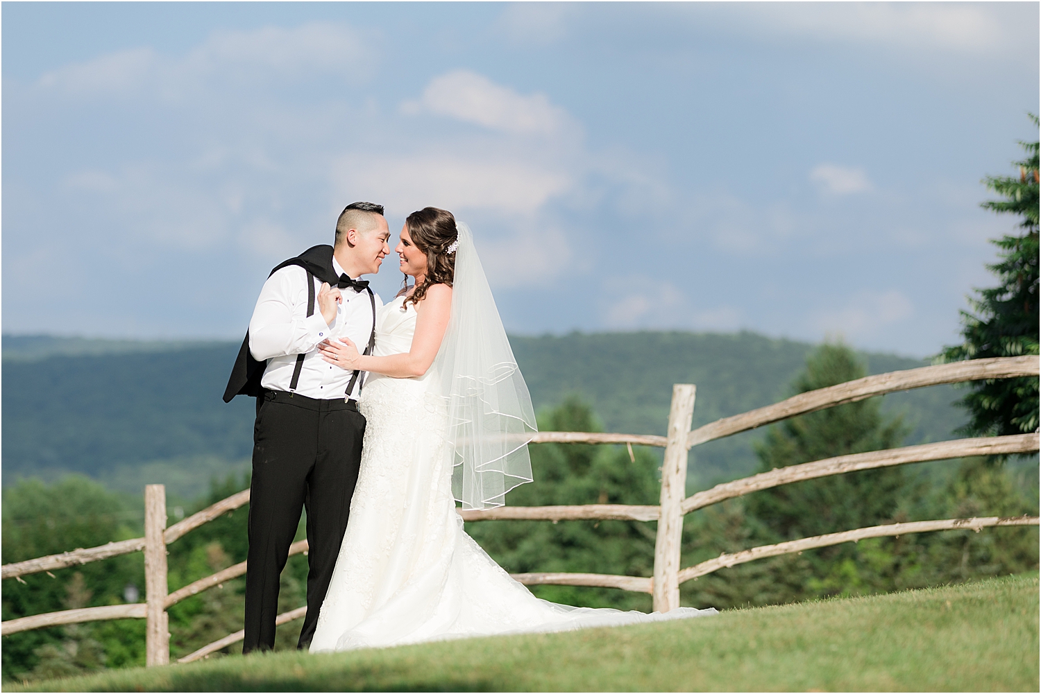 scenic wedding photo of bride and groom with blue skies at Skyview Golf Club wedding