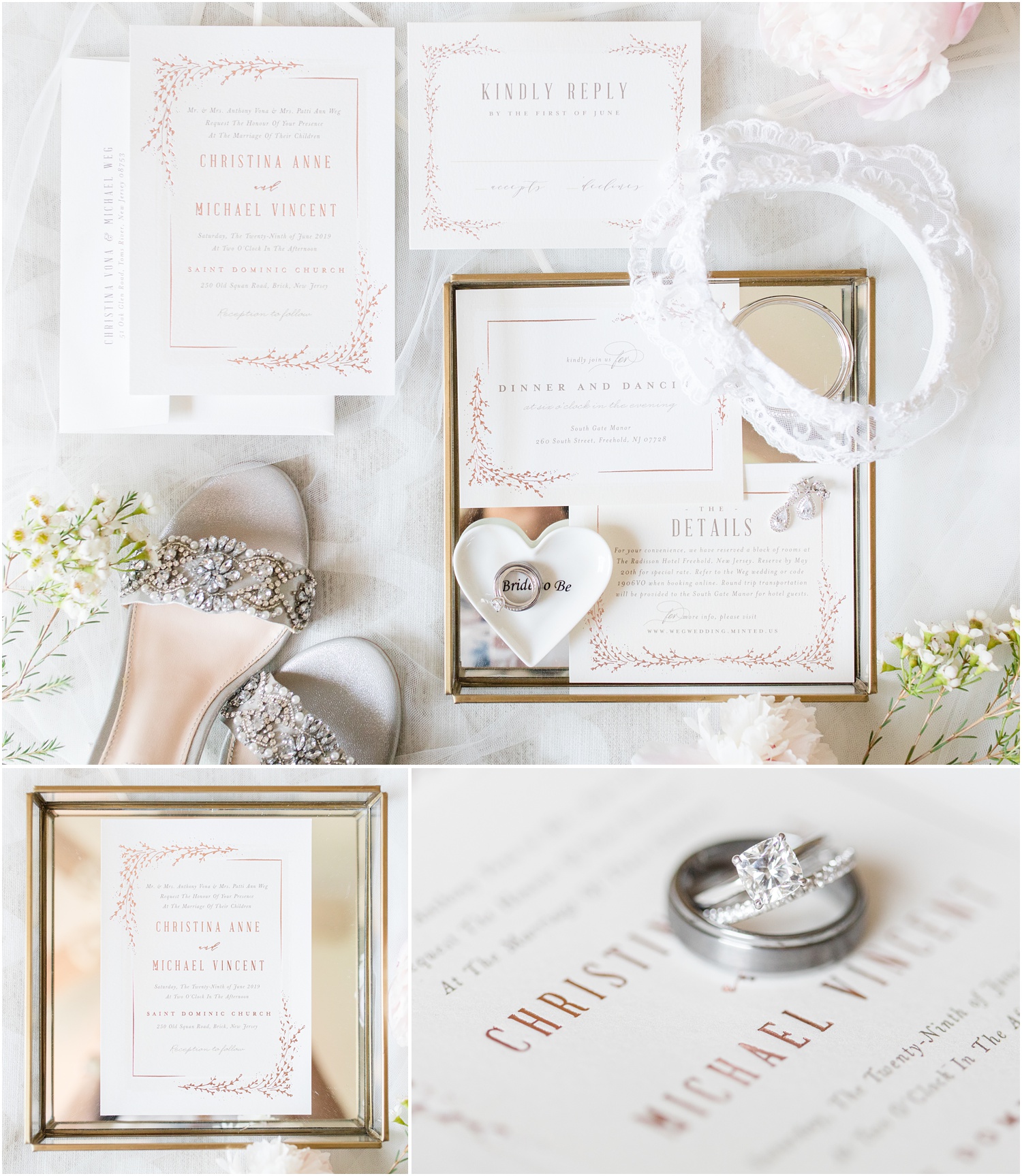 Wedding invitations and bridal accessories for South Gate Manor Wedding.