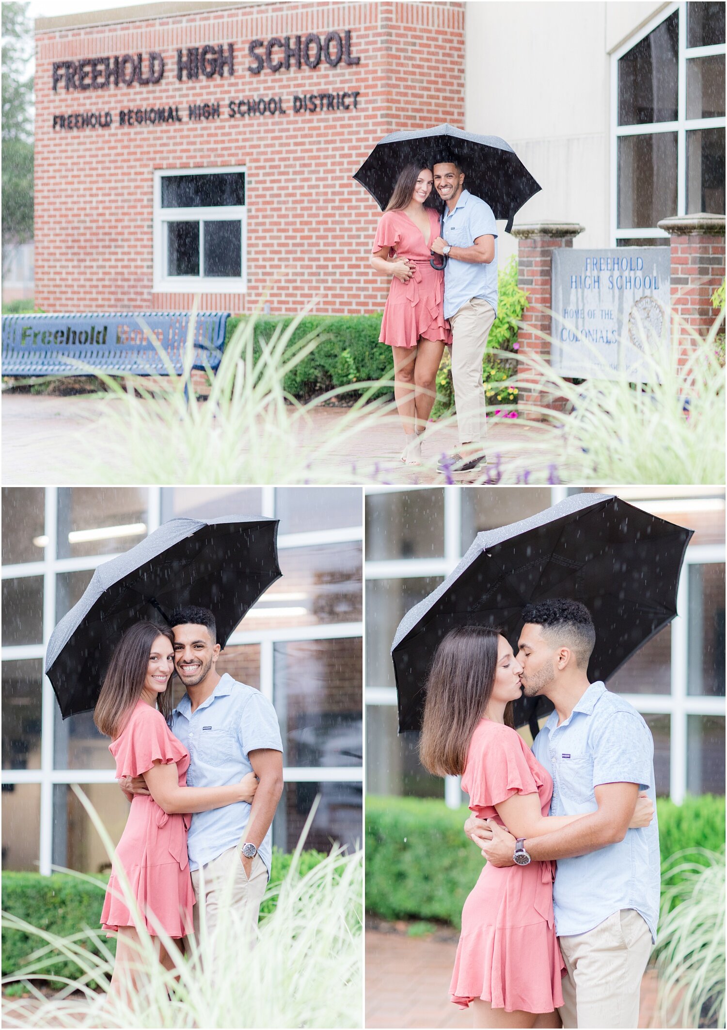 Rainy engagement photos at Freehold high school.